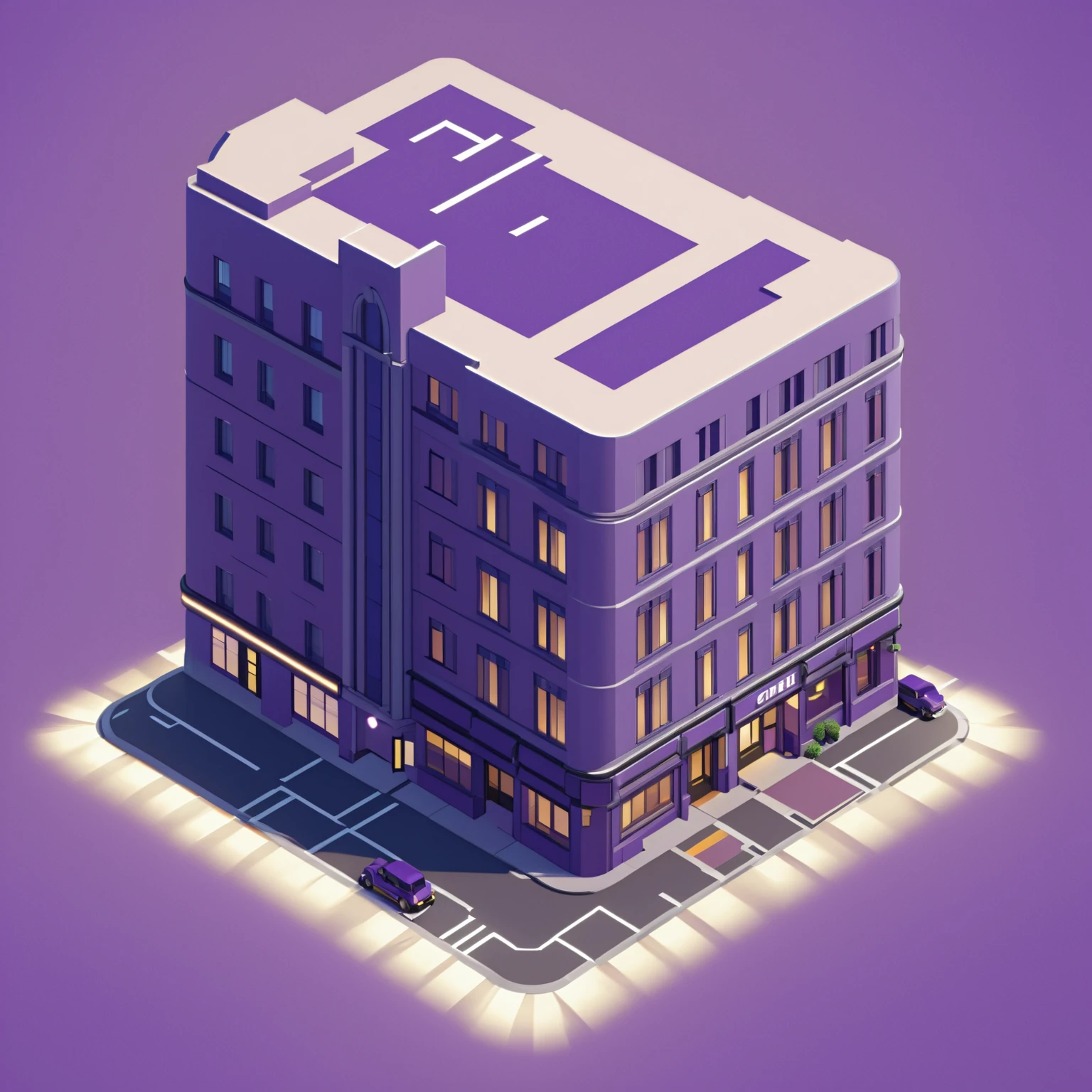 isty02 style. isometric illustration
Art deco city street and evening, Purple background,
detailed, professional,  slick, 3d, unreal engine, render, ray tracing,
high quality, masterpiece, highres,