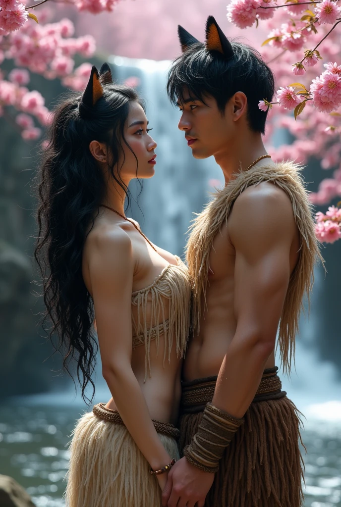 Create a hyperrealistic photo of a pair of warriors from the Majapahit kingdom era. Handsome young man, smooth, long straight hair, shoulder length, strong body, muscular and athletic, wearing a batik cloth headband and black square necklace and black cloth around his wrists, black vest. brown leather belt, black comprang trousers, batik cloth, thigh length and a large sword on his back. hugging a beautiful, sexy and curvaceous girl, long hair tied on top of the head and a gold hairpin, gold necklace, wearing a red kemben (camisole), red silk shawl, black belt, Javanese carved decoration, gold sequins and batik sarong with brown motifs complicated all over the calf. As a pair of warriors from the Majapahit royal dynasty, they are very harmonious and romantic, both sitting on a rock in the middle of a beautiful and green forest (mountain forest waterfall).Utra-HD.HD.65K.Hypperrealistic
