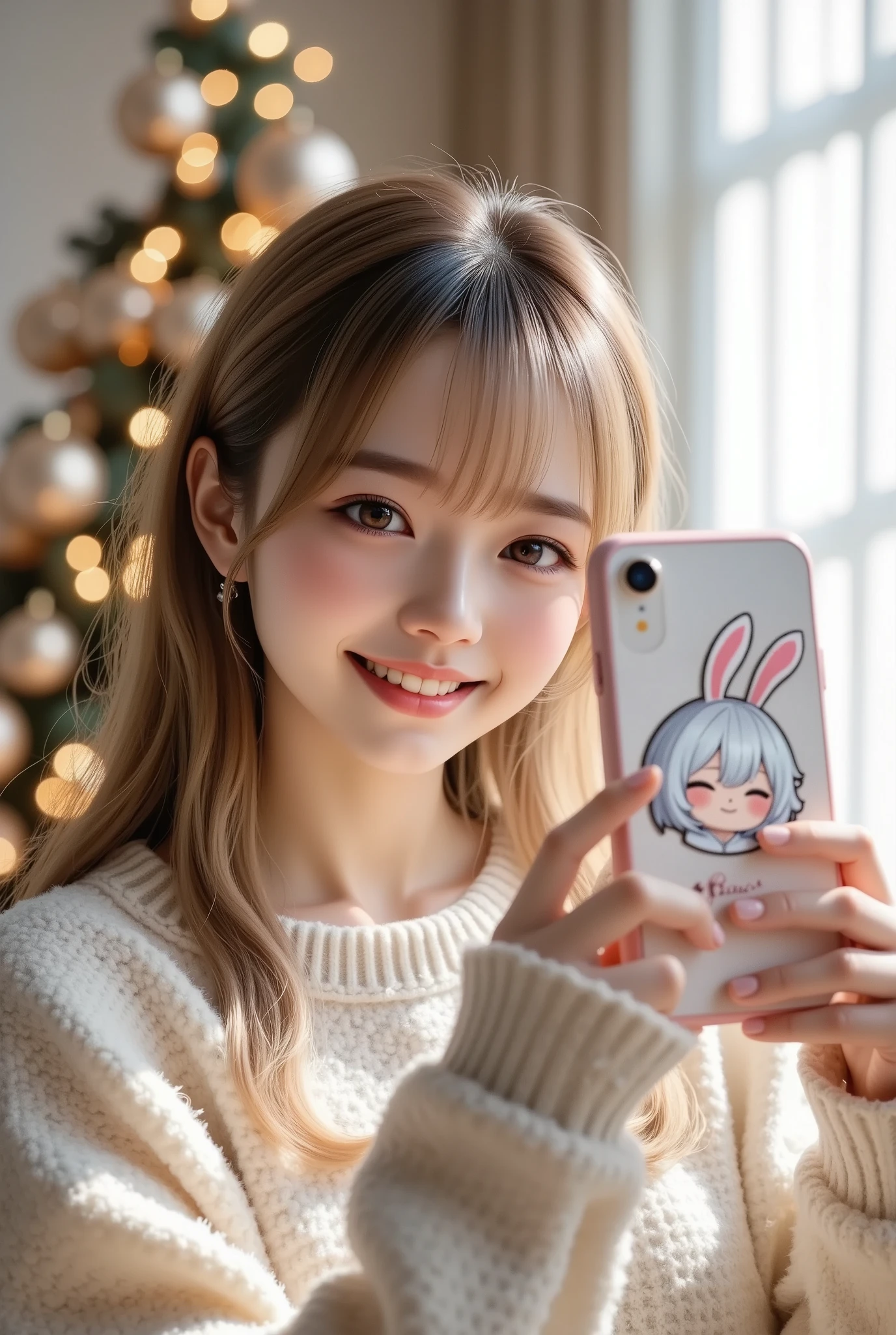 She is a beautiful girl,smile that makes everyone happy, solo, she is in a stylish and modern living room. There is a tall Christmas tree decorated with glittering ornaments in the living room. She is about to take a picture with the front camera of her smartphone,She is wearing a fluffy off-white sweater, The back of the smartphone has cute Chibi-anime-girl-face illustration printed, the Chibi-anime-girl-face\(white medium wavy hair,soft curls hair, detailed hair texture, large rabbit ears white and soft pink inner ear,relaxed and calm expression, eyes closed, gentle smile,soft lighting to highlight hair and ear details\), masterpiece, best quality, 8k, highres, ultra-detailed, (realistic:1.37), (photorealistic:1.37), with the Christmas tree in the background.