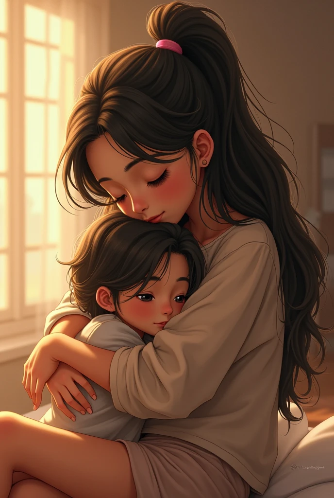 a kid is messing with his mother's hair