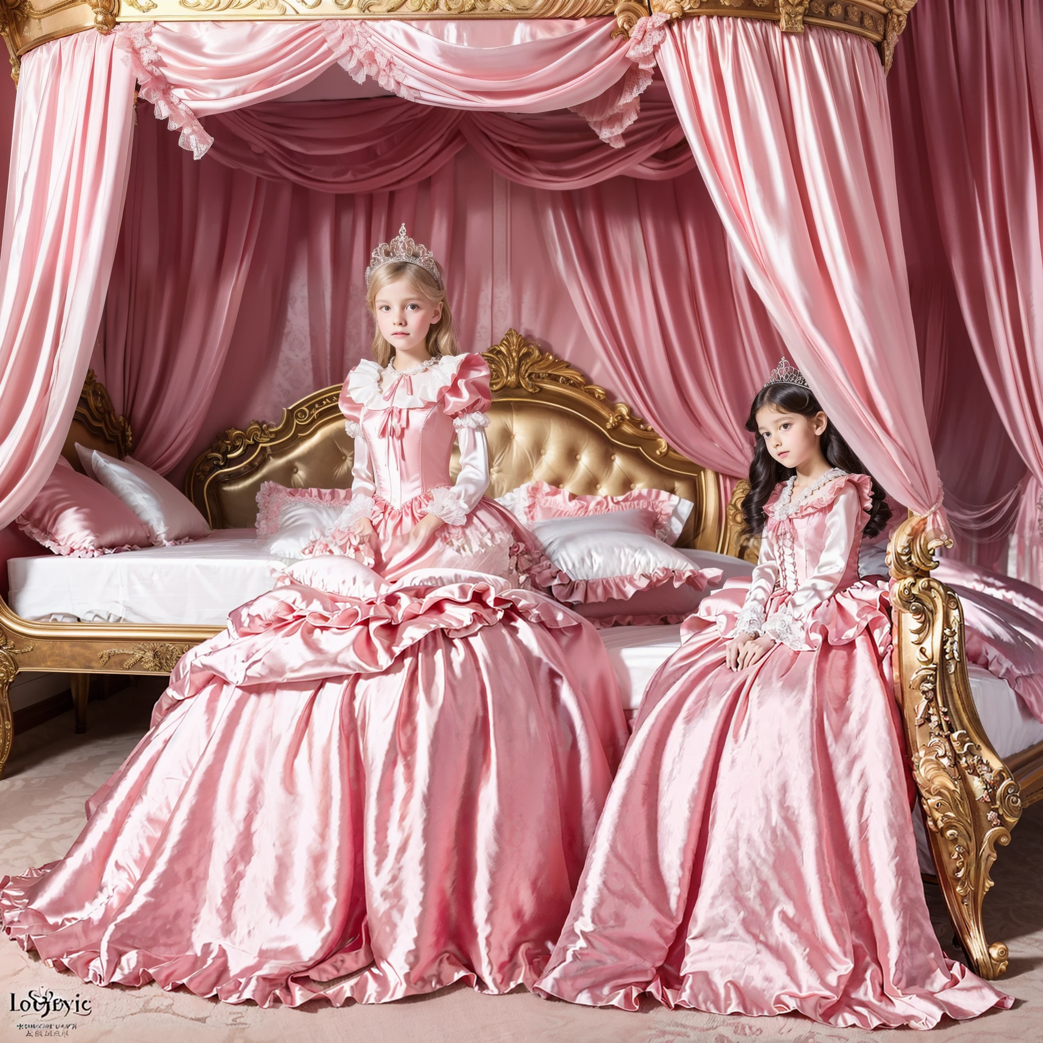 Photo of the cover of the magazine,Lot of Princesses Blonde hot pink Silk Satin Victorian Ball Gown Dress.((Ten years old young russian girls:1.0)),baby face,short,long sleeves,puff sleeves,frilled yoke collar,The dress is decorated with lots of frills and ribbons.,((wave straight Long hair:1.0)),They are wearing princess tiara on the head,in the luxurious European rococo style bedroom,gigant pink canopy kingsize bed behind,Ultra detailed luxurious princess canopy bed bed:1.2, ((in the bedroom)),,Silk satin  frilled pink pillows,Silk satin pink bed sheets,they are lying on the bed,High-quality background,