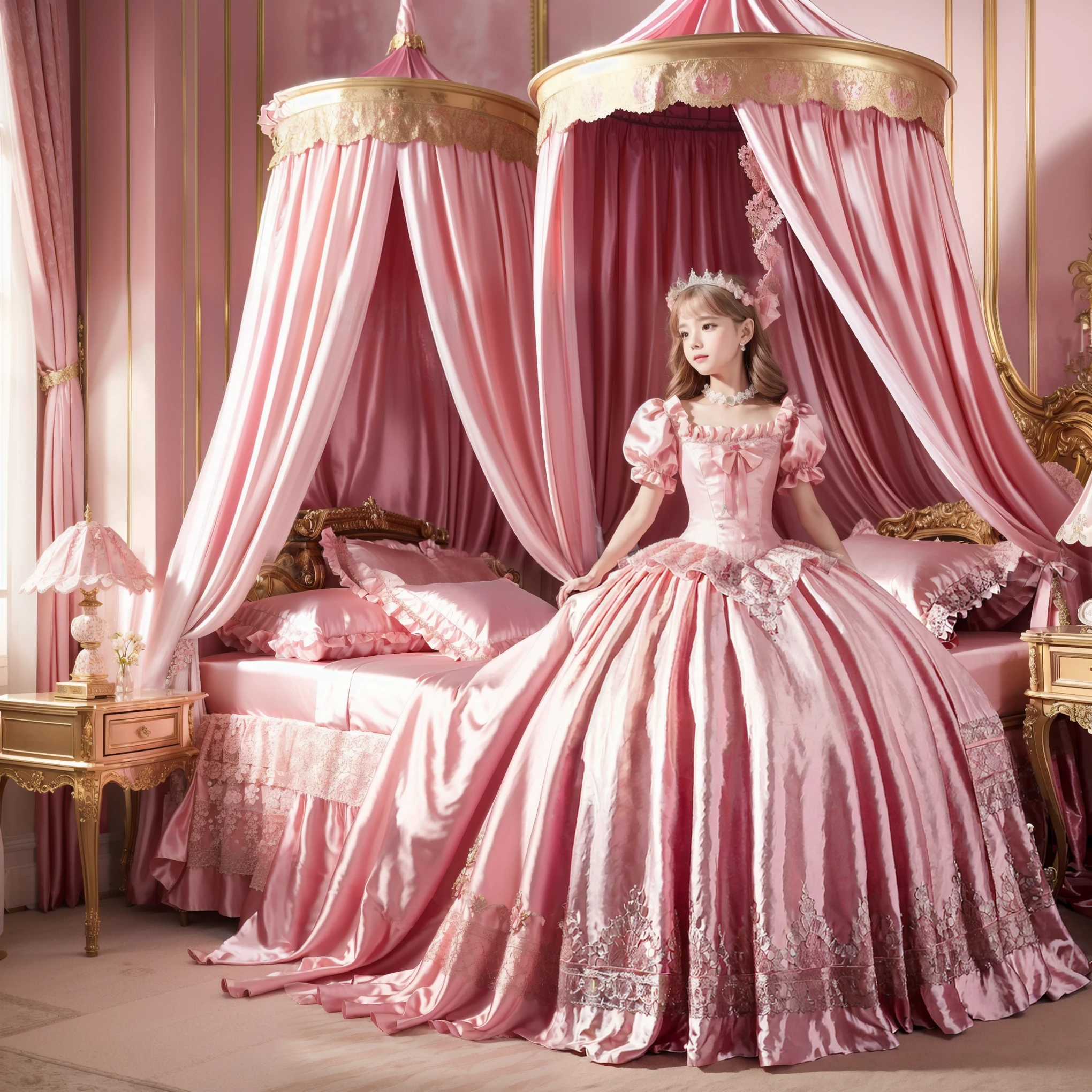 Photo of the cover of the magazine,Lot of Princesses Blonde hot pink Silk Satin Victorian Ball Gown Dress.((Ten years old young russian girls:1.0)),baby face,short,long sleeves,puff sleeves,frilled yoke collar,The dress is decorated with lots of frills and ribbons.,((wave straight Long hair:1.0)),They are wearing princess tiara on the head,in the luxurious European rococo style bedroom,gigant pink canopy kingsize bed behind,Ultra detailed luxurious princess canopy bed bed:1.2, ((in the bedroom)),,Silk satin frilled pink pillows,Silk satin pink bed sheets,they are lying on the bed,High-quality background,