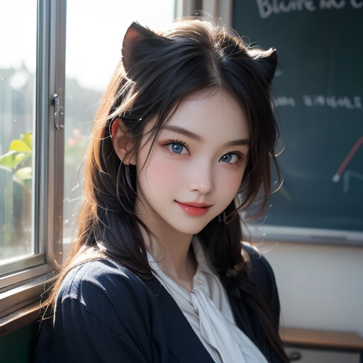   high res 、  high res 、 High image quality 、masterpiece、 one beautiful woman inside the aquarium building  、２５age、 school teacher 、 blondes、 blue eyes、Navy Suit、 school classroom、  Cute Poses 、 blackboard 、smile、(( depicting only the upper body ))、(( woman with a panther face ))