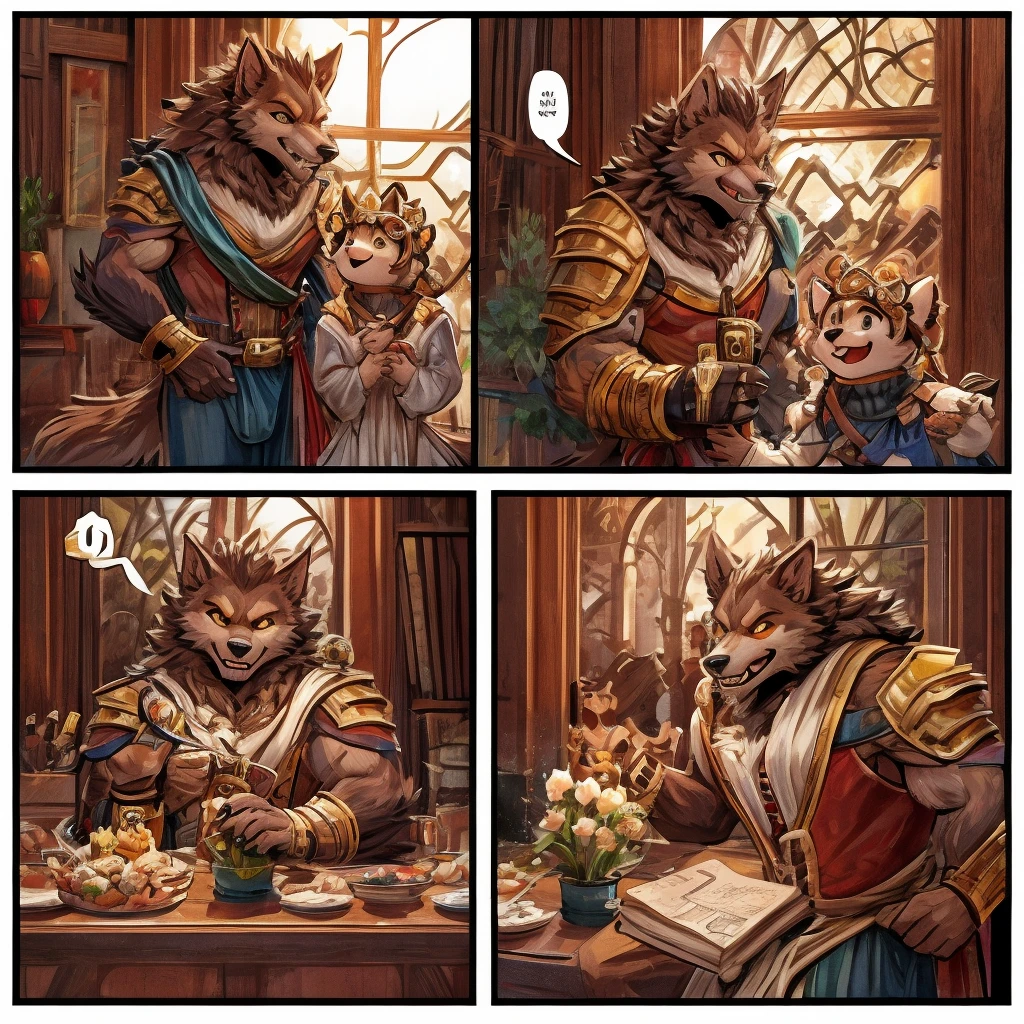 (masterpiece, high res, top quality )、 (One々A comic where a cute werewolf makes you happy with 4 scenes)