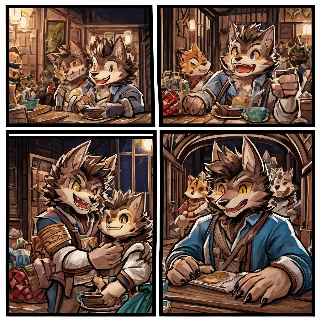 (masterpiece, high res, top quality )、 (One々A comic where a cute werewolf makes you happy with 4 scenes)