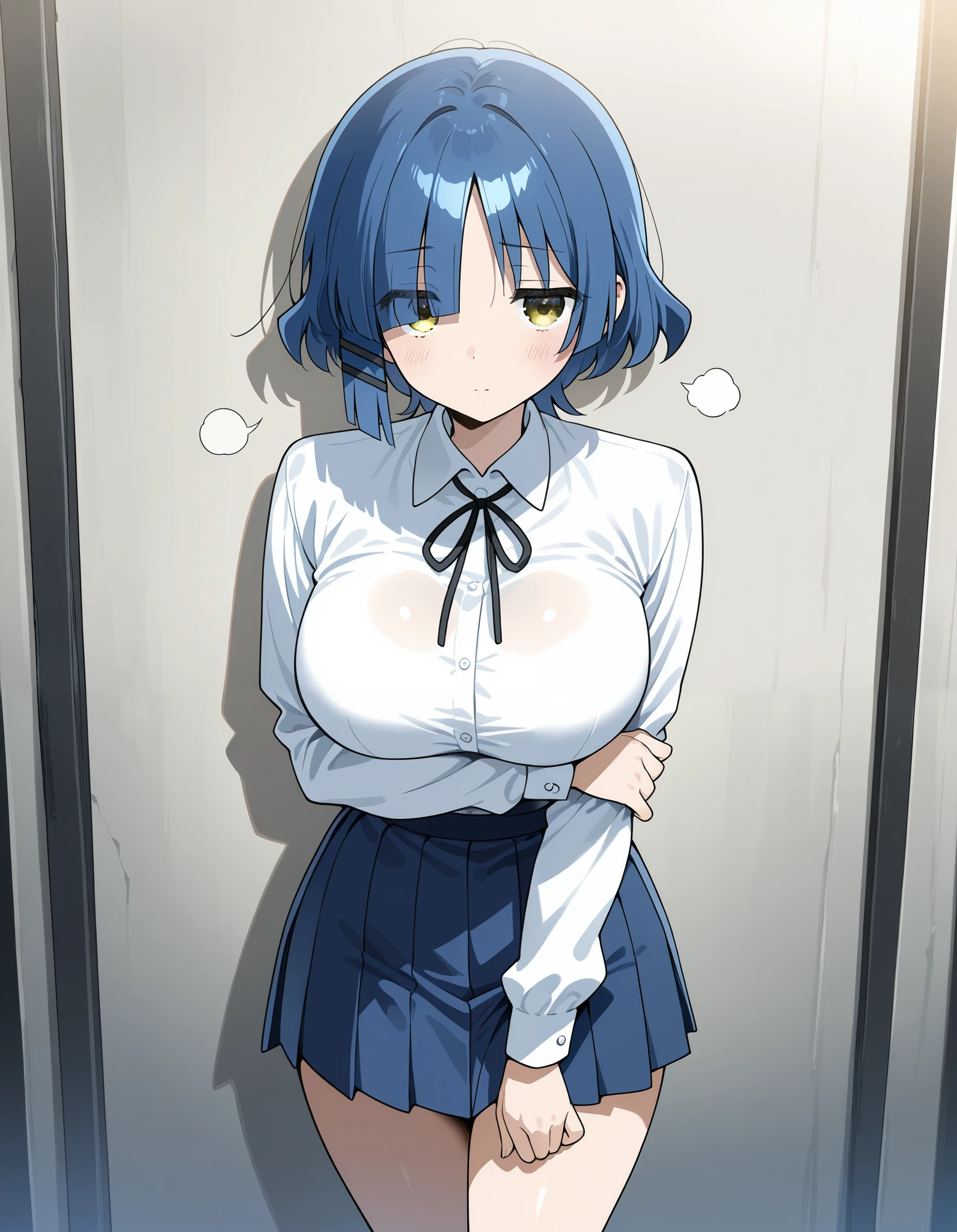 Top Quality Masterpiece High Resolution Yamada Ryo, Blue Haired, Beautiful Girl, White Shirt, Collared Shirt, Blue Skirt, Big Breasts, Glamour, Melo, Deletion, Solo, Sensual, Miniskirt, Pleated Skirt, Honey Trap, Sexy, Seductive, Black Inner, Shy, Big Eyes, Cowboy Shot Cool Lover