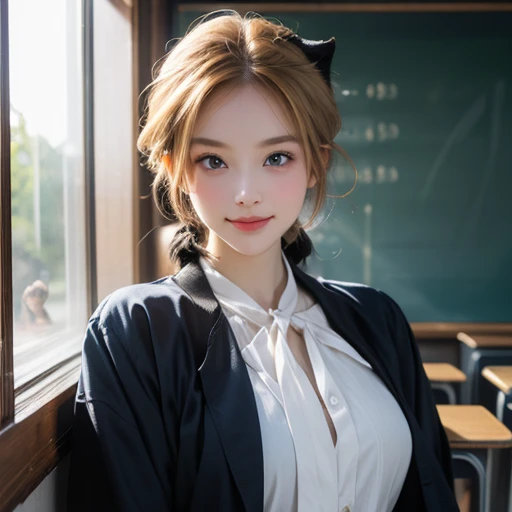   high res 、  high res 、 High image quality 、masterpiece、 one beautiful woman inside the aquarium building  、２５age、 school teacher 、 blondes、 blue eyes、Navy Suit、 school classroom、  Cute Poses 、 blackboard 、smile、(( depicting only the upper body ))、(( woman with a panther face ))