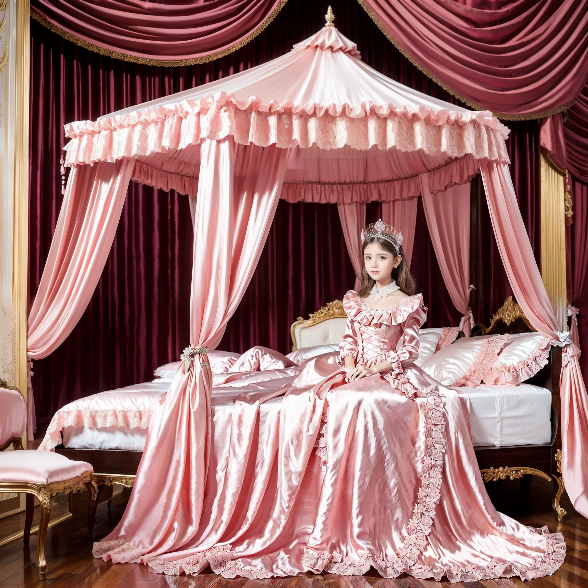 Photo of the cover of the magazine,Lot of Princesses Blonde hot pink Silk Satin Victorian Ball Gown Dress.(( young russian girls:1.0)),baby face,sholeeves,puff sleeves,frilled yoke collar,The dress is decorated with lots of frills and ribbons.,((wave straight Long hair:1.0)),They are wearing princess tiara on the head,in the luxurious European rococo style bedroom,gigant pink canopy kingsize bed behind,Ultra detailed luxurious princess canopy bed bed:1.2, ((in the bedroom)),,Silk satin frilled pink pillows,Silk satin pink bed sheets,they are lying on the bed,High-quality background,