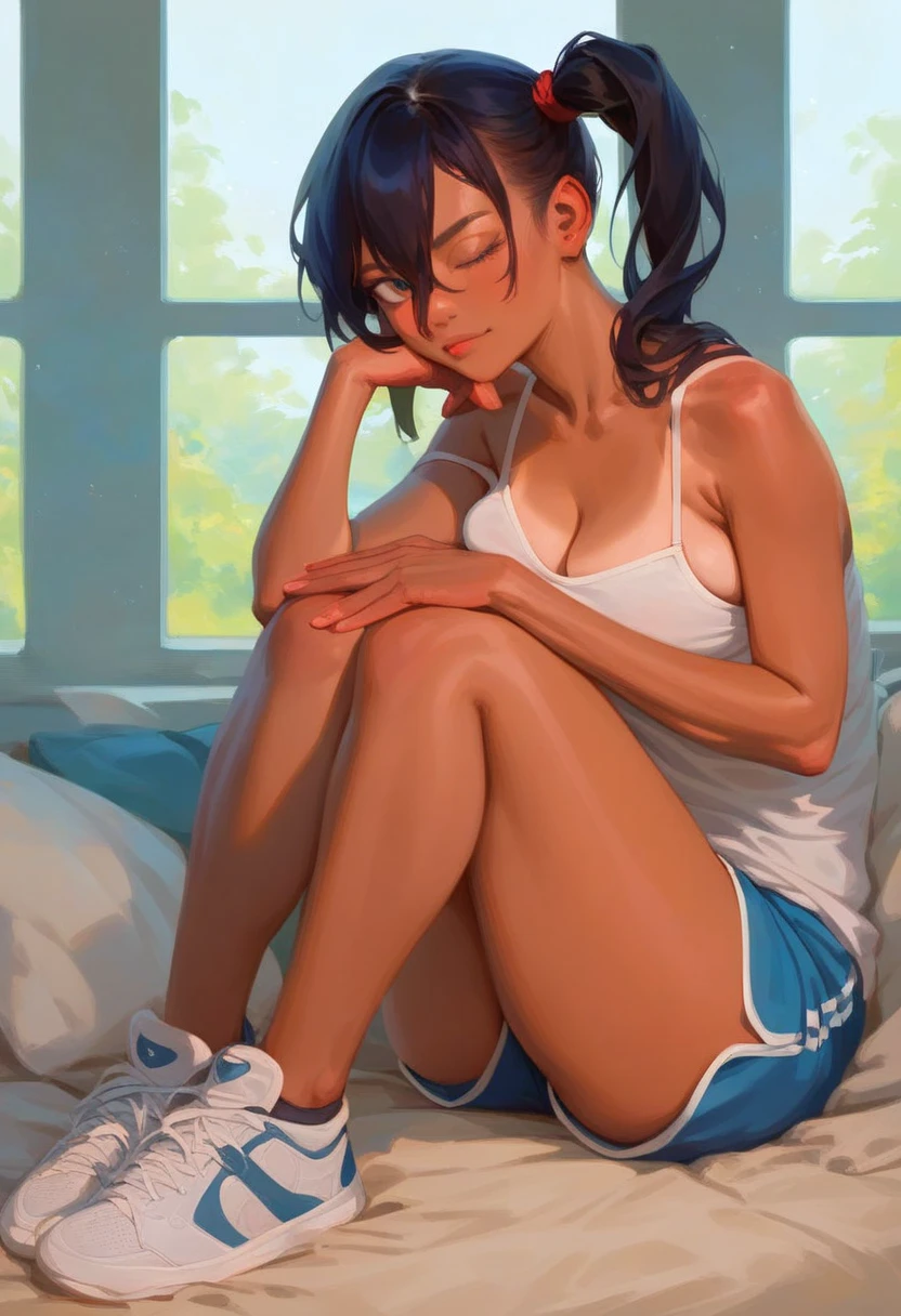 amazing quality, newest, absurdres, realistic lighting,

1girl, solo, black hair, hair between eyes, crotch seam, tan skin, knees together feet apart, sitting, head on knees, dolphin shorts, spaghetti strap, breasts, sneakers, side ponytail, one eye closed, :p, bedroom, window, light particles, eatsleep111