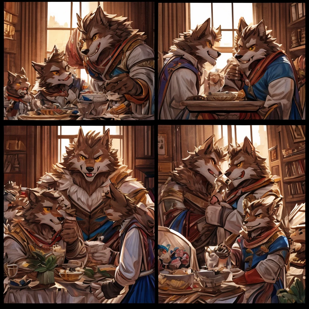 (masterpiece, high res, top quality )、 (One々A comic where a cute werewolf makes you happy with 4 scenes)