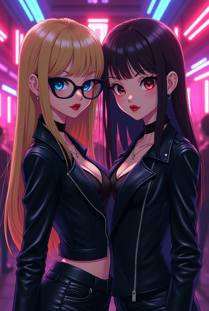 (masterpiece, best quality, 8k, sharp focus, depth of field, best shadows, perfect lights, HDR, realistic skin texture, ultra-detailed background, detailed), anime style, 2 women kissing (one of them has green eyes, white skin, black hair with ponytail, choker, small breasts, slim, makeup, eyeliner, glitter), (the other woman has blonde hair), at a night club, cyberpunk theme, Cyberpunk City.