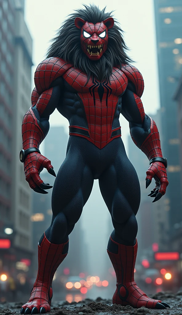 Werewolf (spiderman suit), (((body and palm posture like a wolf man, the whole body and torso are covered in a spider man costume, ))) (the color of the spider man costume is dark gray and black with red and dark blue accents, a fine feather pattern motif that appears on the oengan and legs with clear wolf claws), eye and ear motifs connected into one, sturdy body like a werewolf, styled like a wolf, high jumping, His entire body including being covered in a spider-man costume, muscular body like a fighter