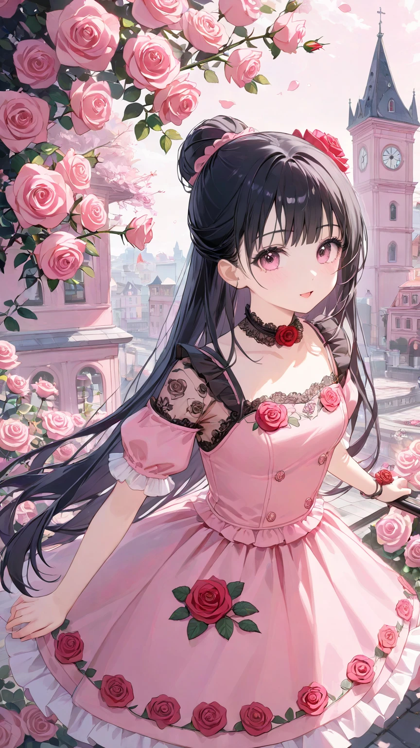 1girl, black hair, pink clothes, beautiful, petite, rose motif, medium breasts, 