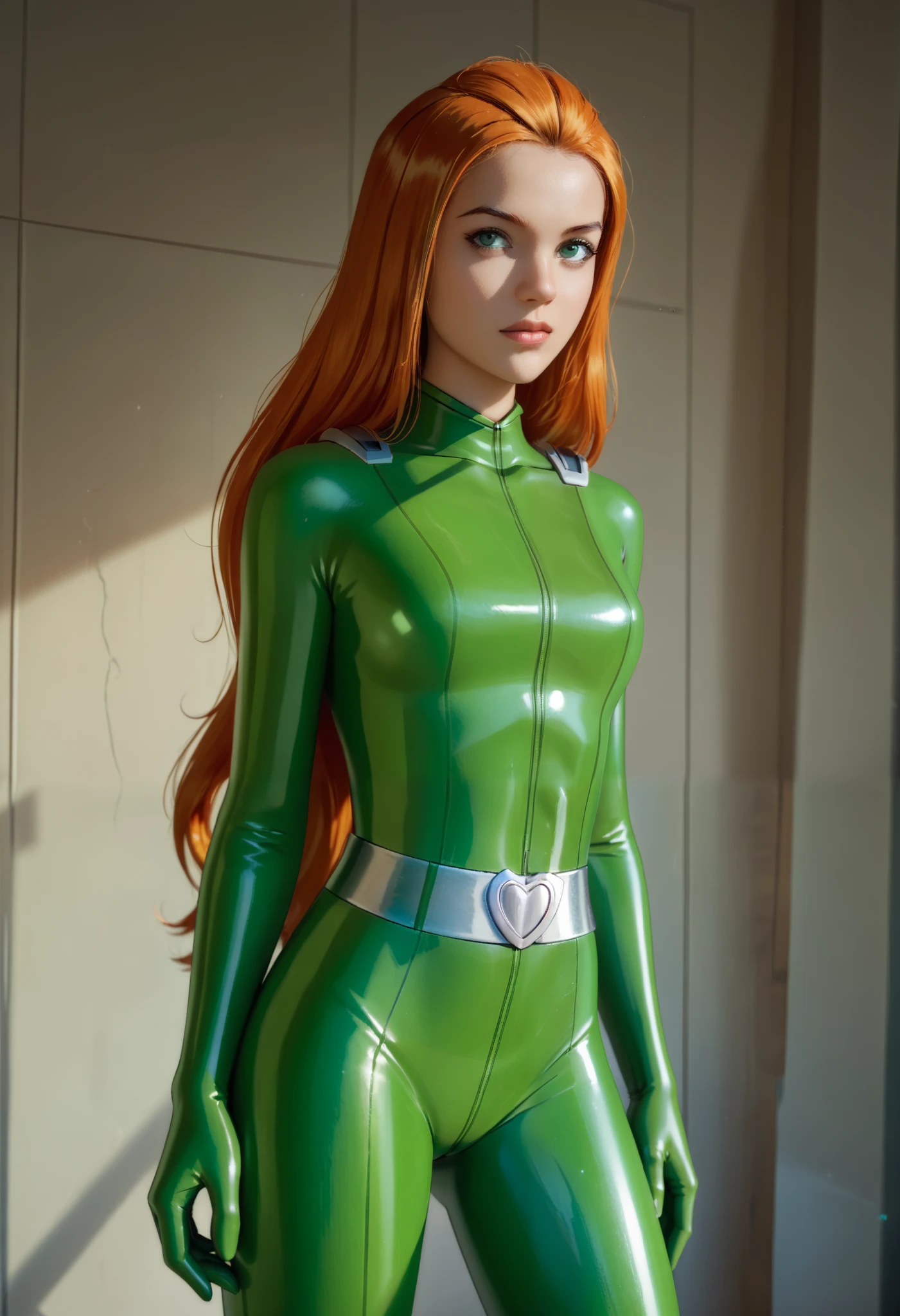 score_9, score_8_up, score_7_up, score_6_up, score_5_up, score_4_up, tssam, long hair, orange hair, green latex bodysuit,sexy pose, beautiful girl, looking at viewer,silver belt