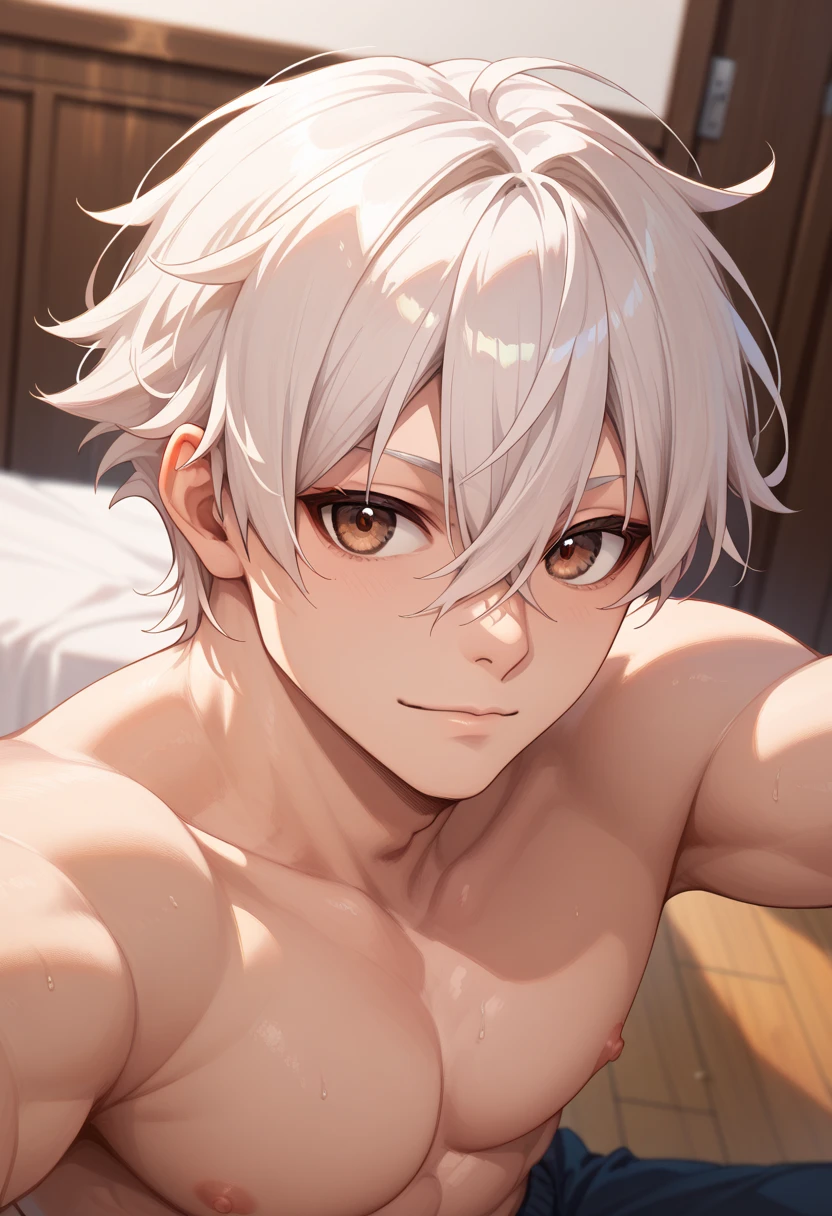 masterpiece, best quality, 1boy, solo, male focus, seishirou_nagi, white hair, brown eyes, short hair, bangs, hair between eyes, Selfie Pose.