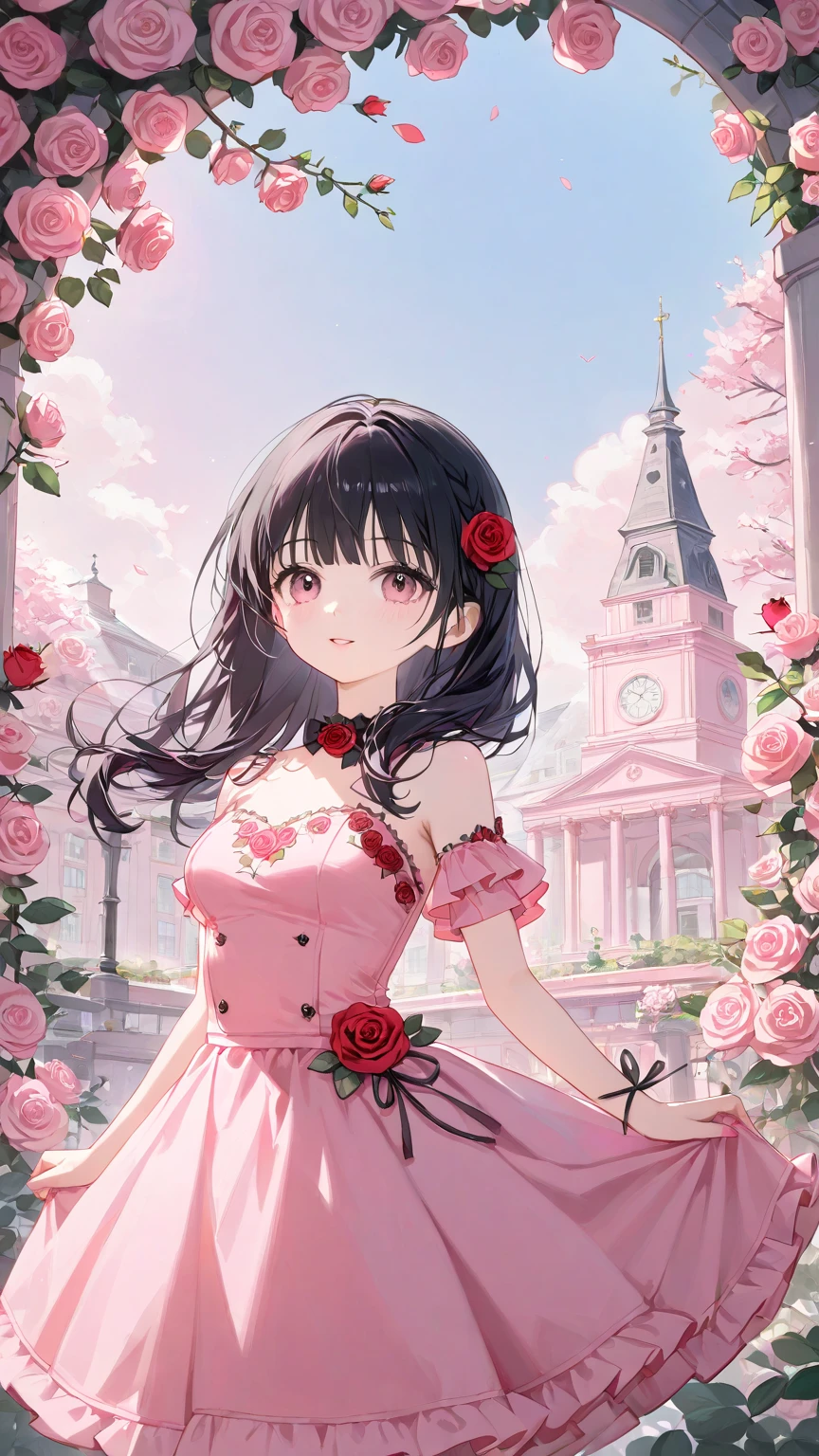 1girl, black hair, pink clothes, beautiful, petite, rose motif, medium breasts, 