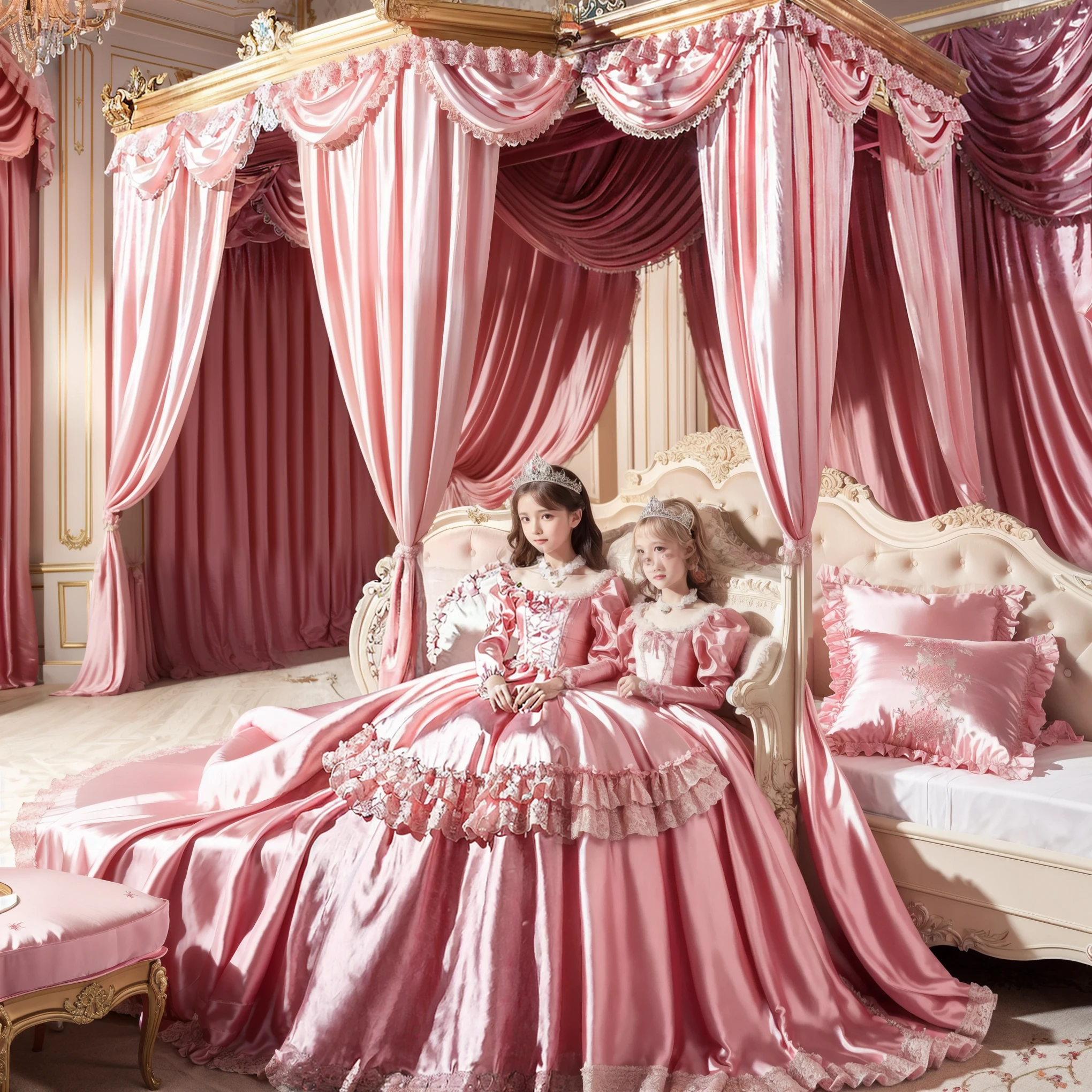Photo of the cover of the magazine,Lot of Princesses Blonde hot pink Silk Satin Victorian Ball Gown Dress.(( young russian girls:1.0)),baby face,sholeeves,puff sleeves,frilled yoke collar,The dress is decorated with lots of frills and ribbons.,((wave straight Long hair:1.0)),They are wearing princess tiara on the head,in the luxurious European rococo style bedroom,gigant pink canopy kingsize bed behind,Ultra detailed luxurious princess canopy bed bed:1.2, ((in the bedroom)),,Silk satin frilled pink pillows,Silk satin pink bed sheets,they are lying on the bed,High-quality background,