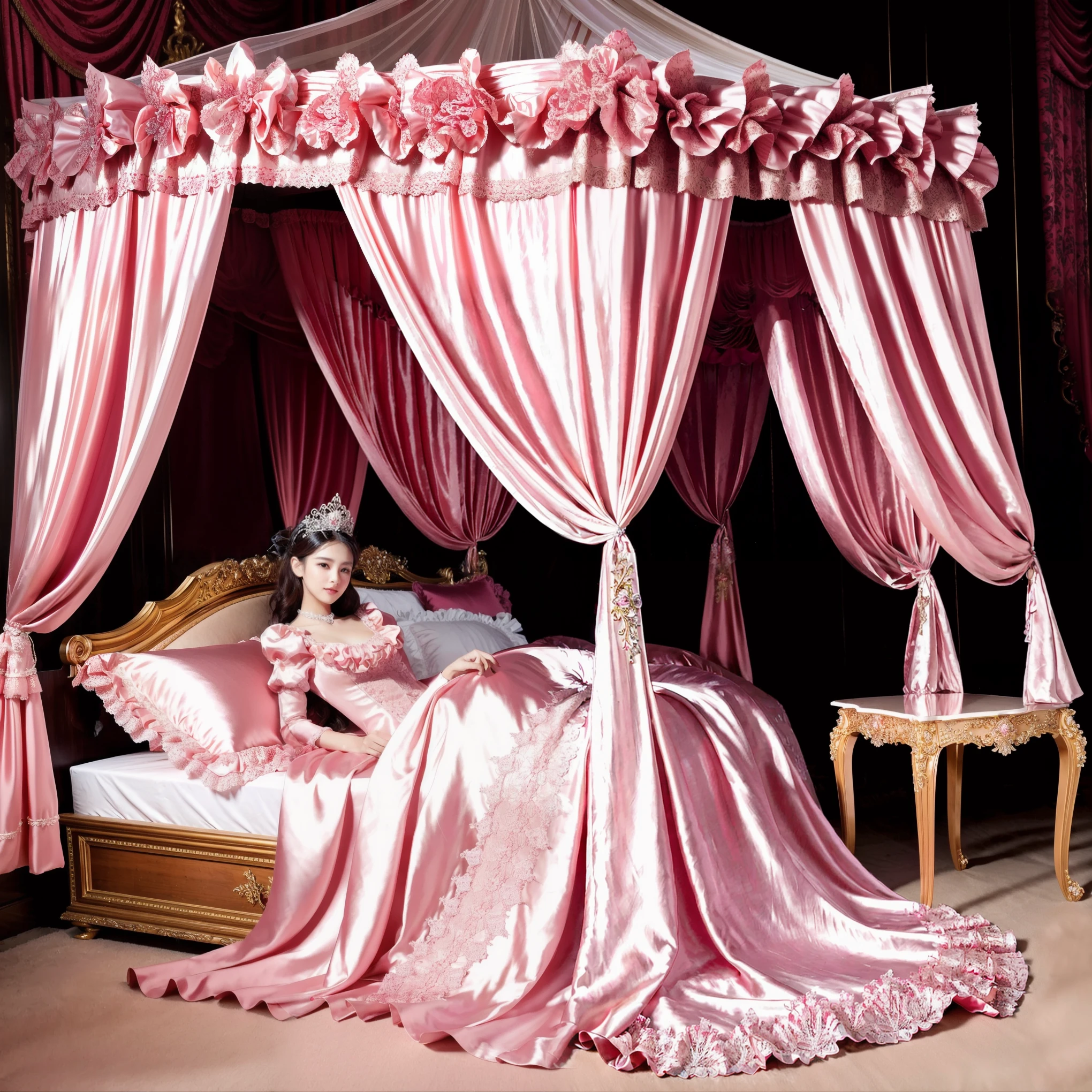 Photo of the cover of the magazine,Lot of Princesses Blonde hot pink Silk Satin Victorian Ball Gown Dress.(( young russian girls:1.0)),baby face,sholeeves,puff sleeves,frilled yoke collar,The dress is decorated with lots of frills and ribbons.,((wave straight Long hair:1.0)),They are wearing princess tiara on the head,in the luxurious European rococo style bedroom,gigant pink canopy kingsize bed behind,Ultra detailed luxurious princess canopy bed bed:1.2, ((in the bedroom)),,Silk satin frilled pink pillows,Silk satin pink bed sheets,they are lying on the bed,High-quality background,