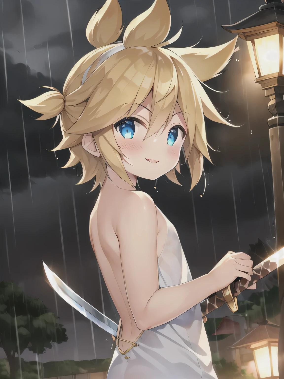 Boys, Kagamine Lane , cute, side view , Naked, Tight black boxers , split lips, Soft Blush , holding a medieval-style sword in a dark and rainy night, confident smile , untoward