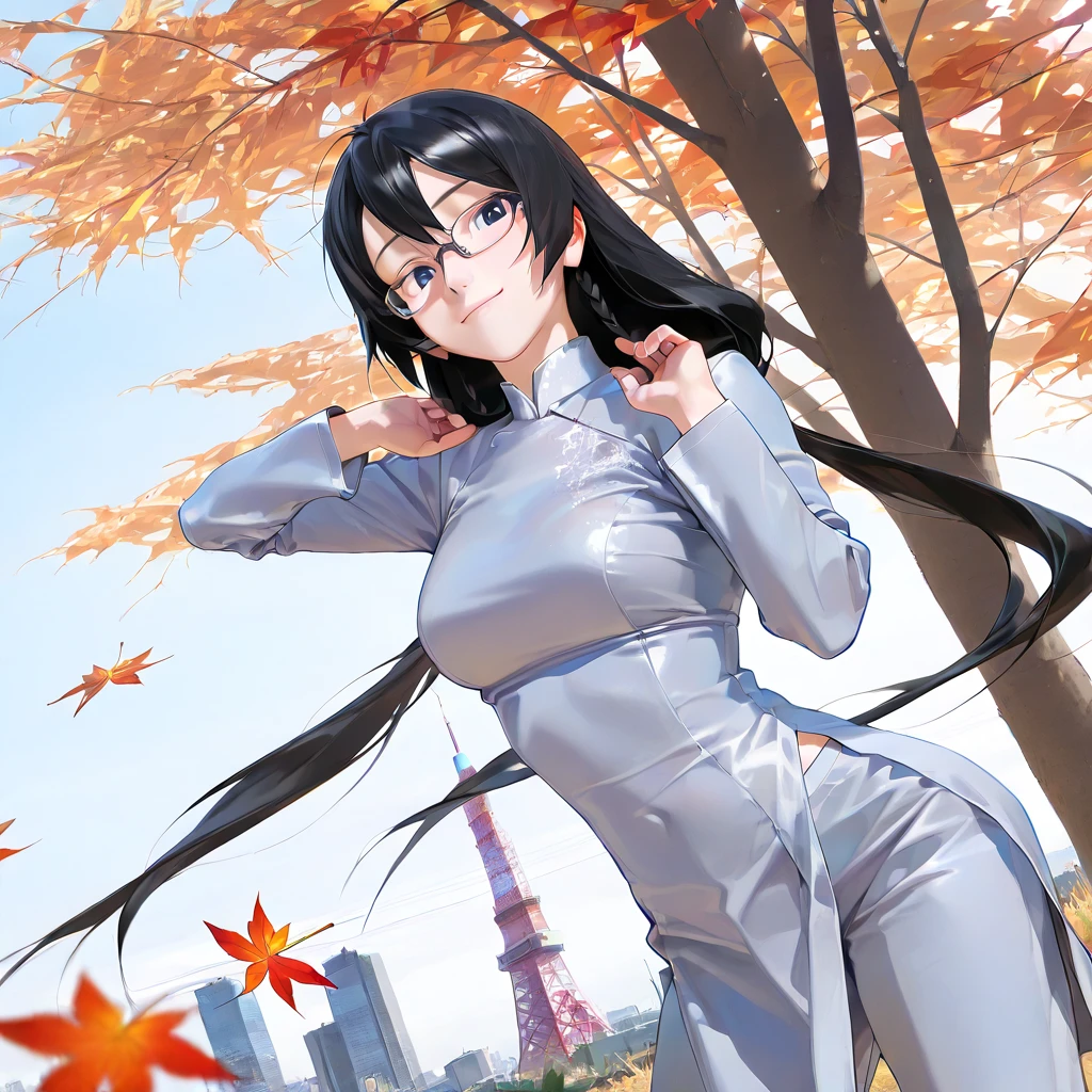 a influenser wearing Ao Dai comes in best autumn leaves season in Tokyo,(sfw), autumn but hot sunny day clear blue sky,
shining skin, perfect quality, high quality, masterpiece, skin texture, detailed skin, realistic skin,

18yo girl,hands up her shoulder height,
 scene of Throwing higher bulk of the fallen leaves for viewer with her 2 hands, 
smile
anime style (cute) round (adorable face) (thick wet lip)
she is looks like arare-chan in real life
(correct gingko tree stem unique rough surface:1.3),
many of tall gingko trees and less maple trees
short round chin (yellow iris), soft shadow on face make her beauty, face profile. tilt head, P:
(standing contrapposto) twisting upper body,
perfect realistic skin, medium breasts,
almost no trancerucency of ao dai,

simple background in the park of Japan, under huge gingkotree, Shiba kouen, Tokyo tower on back ground lergesize on screen
leaves of gingko she is throw, falling gingko leaves flying on wind,
(hard diffused spotlighting from diagonally
behind:0.7),
dutch_angle, 
(girl covered with dark shadow of trees:1.3)
(low contrast on skin, low brightness on skin:1.3)
(low highlight on skin:1.3 )(scope of eyes to 2 nipples in the frame),
looking at viewer,
narrow sloping shoulders
long glossy black hair very long pigtails twin braid wearing glasses 3part of bangs, 
(oily skin:0.7) (low contrast on skin, low brightness on skin:1.3)
(traditional cutting silky long sleeves white ao dai with white glitter embroidery around fore body),
raglan sleeve ao dai
her right side open design
skin of side belly, white silky long pants as set of ao dai,
pelvic curtain slightly floating by zephyr,
from below, (side portrait:1.3),autumn grass, red maple leaves far away,
set white balance as 5600k on middle tone of skin
under knee out of the frame,
volumetric shadow on breasts, zephyr on fore and back pelvic curtains of ao dai,
various mesmerize posing
(sharp lines:1.3)
various colors of ao dai for matching with the background

zPDXL3