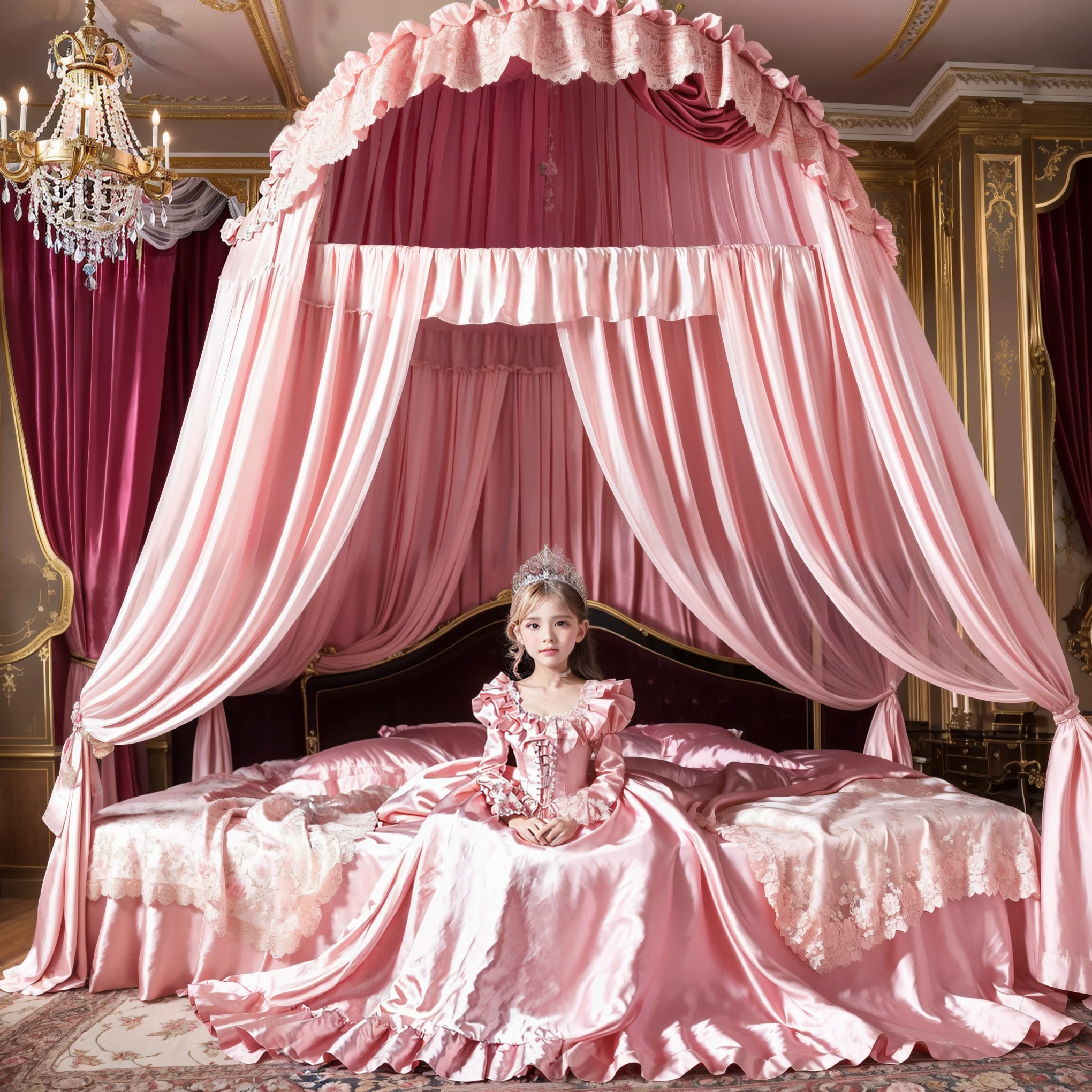 Photo of the cover of the magazine,Lot of Princesses Blonde hot pink Silk Satin Victorian Ball Gown Dress.(( young russian girls:1.0)),baby face,sholeeves,puff sleeves,frilled yoke collar,The dress is decorated with lots of frills and ribbons.,((wave straight Long hair:1.0)),They are wearing princess tiara on the head,in the luxurious European rococo style bedroom,gigant pink canopy kingsize bed behind,Ultra detailed luxurious princess canopy bed bed:1.2, ((in the bedroom)),,Silk satin frilled pink pillows,Silk satin pink bed sheets,they are lying on the bed,High-quality background,