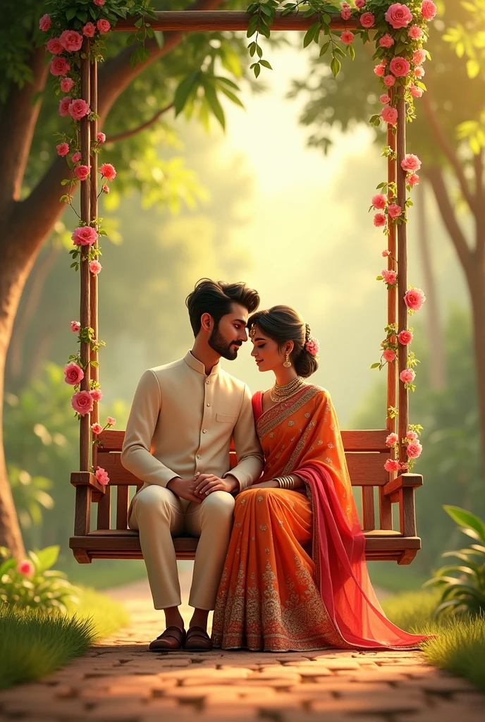 A mehndi invitation card in which bride and groom are sitting on a large swing on stage pic is of back veiw and wearing mehndi dresses bride is wearing heavy mustard and pink and green dress and dupatta is drapped on the swing from back and groom is wearing mustard shlwar kameez with wastecoat and all around decorated with yellow flowers and fairy lights and chandelier