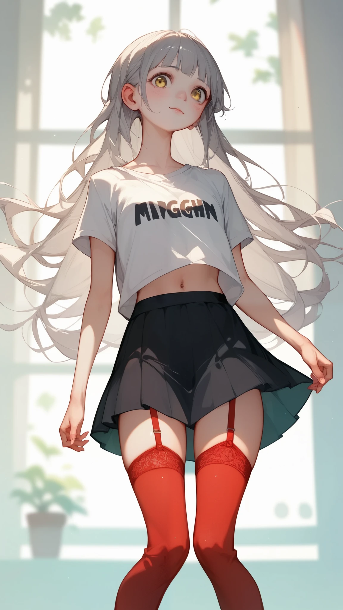  high image quality、masterpiece、 realistic 、 Perfect Anatomy,Teenage Girl， cute女の子、超 cute、Where's the hair  、Very short，、zoom、 cute、 yellow eyes、 long gray hair、 straight long hair facing the body、glass、 white t-shirt 、(   gingham check culotte skirt:1.37)， Red Stockings 、 red garter belt 、belly button，blank， black light 