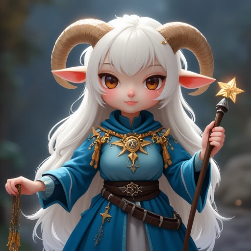 Anrthro sheep, furry, female, white wool, cute, academic uniform, magic user, blue clothing, golden jewelry, cosmic themed outfit, long hair, magic scholar, fantasy, wand with a star, magic wand, spellbook