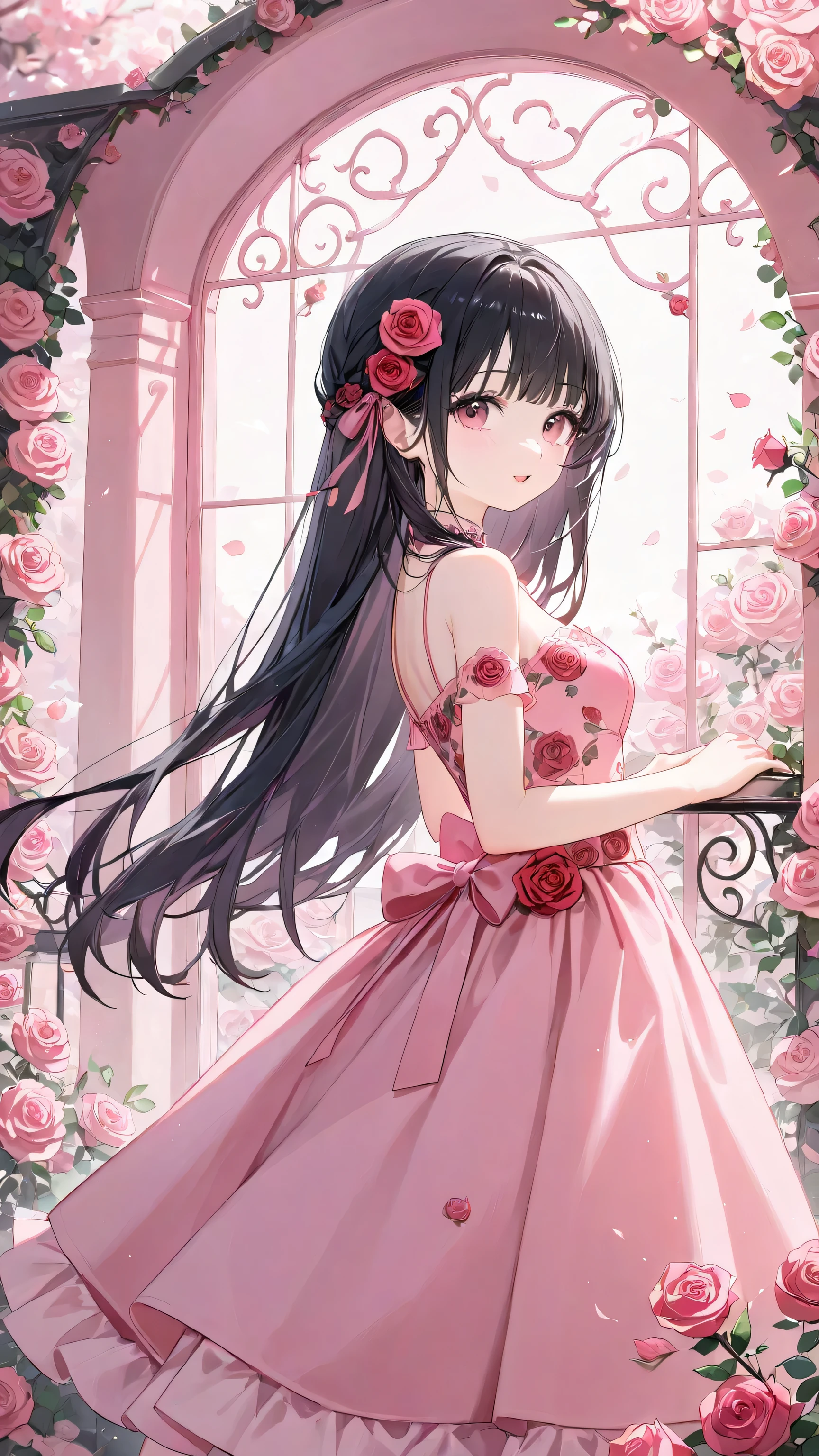 1girl, black hair, pink clothes, beautiful, petite, rose motif, medium breasts, 