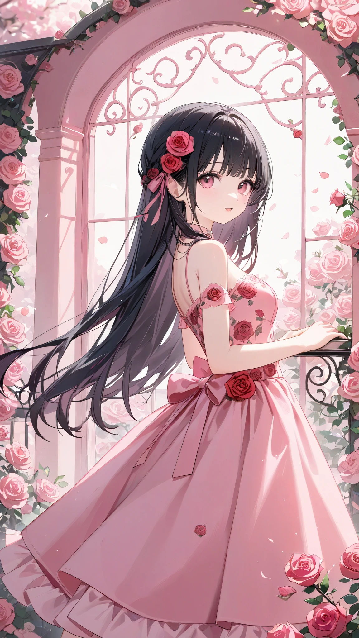 1girl, black hair, pink clothes, beautiful, petite, rose motif, medium breasts, 