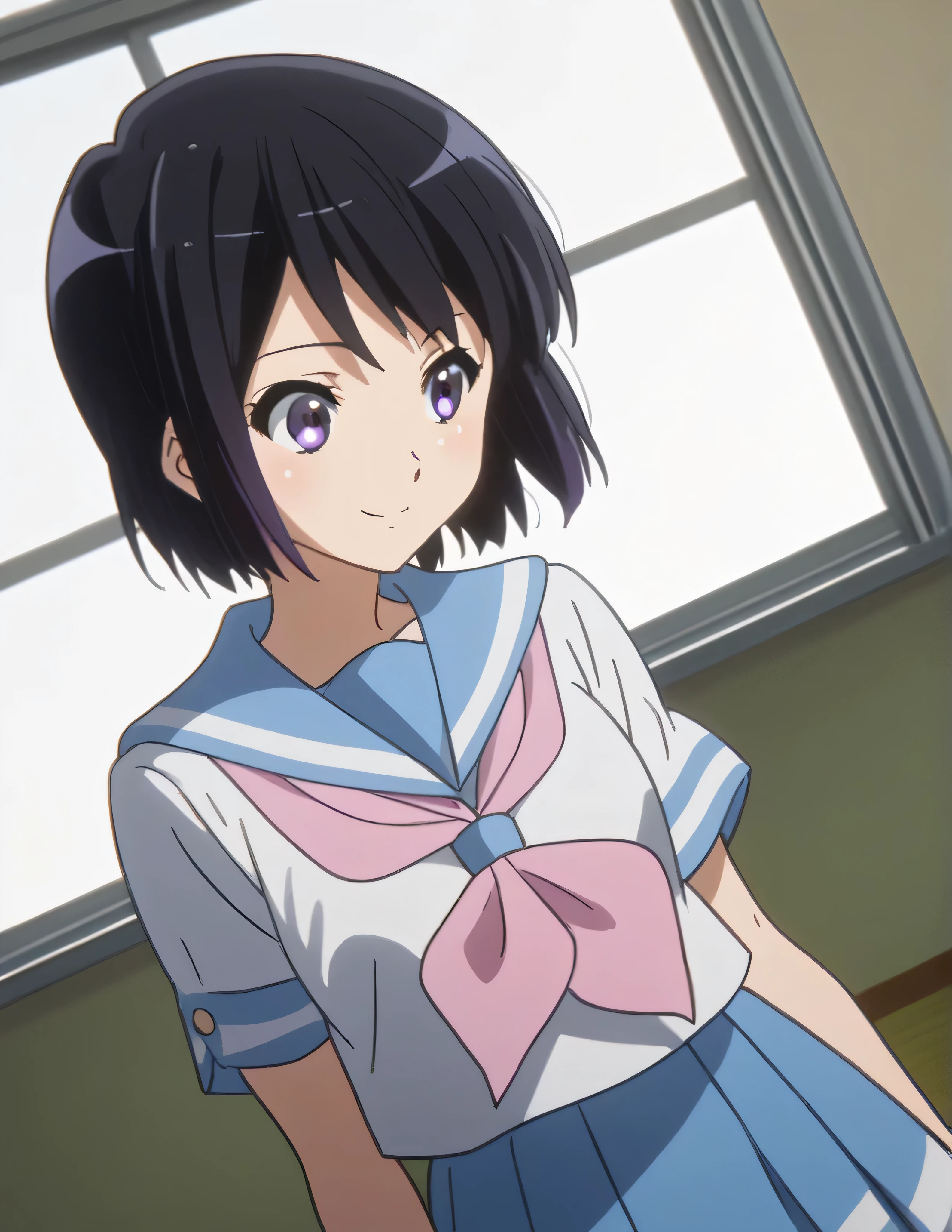 score_9, score_8_up, score_7_up,  source_Anime, Reina Kousaka , Reina Kousaka,  short hair, short hair , bangs,  black hair, purple eyes,  skirt,  shirt,  school uniform, white  shirt, Short sleeve, pleated  skirt, Sera Clothing,  sailor color, blue  skirt,  neckerchief , blue  sailor color,  school bags , pink  neckerchief , kitauji high  school uniform, indoor, classroom,  lean forward , smile,  viewers who stop at the edge,  Cowboy Shots,  Dutch Angle, A little thick,judo player、judo、Inside the judo Gymnasium、On the tatami、discovery、whole body、rest、幼い頃judo家に育てられた.