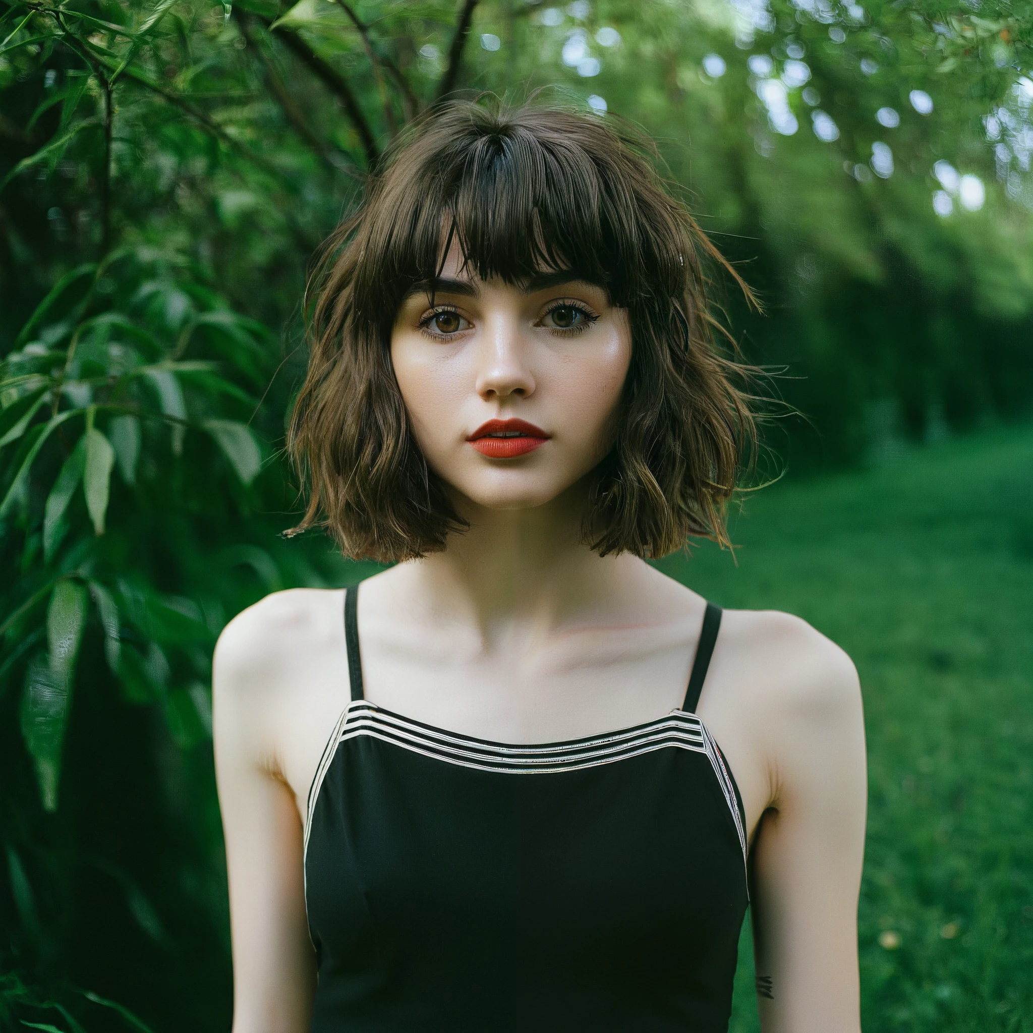 a melancholy photography, lomography, natural lighting,Ultra-Wide Angle, Fujifilm, Negative Space,cinematic photo of a 24 year old girl, with a slender, petite physique, pale skin, dark brown hair messy wavy bob with bangs. Almond shaped eyes, big, wide and spaced apart, short with a slim frame, thin, skinny physique, broad shoulders, walking to the bus stop