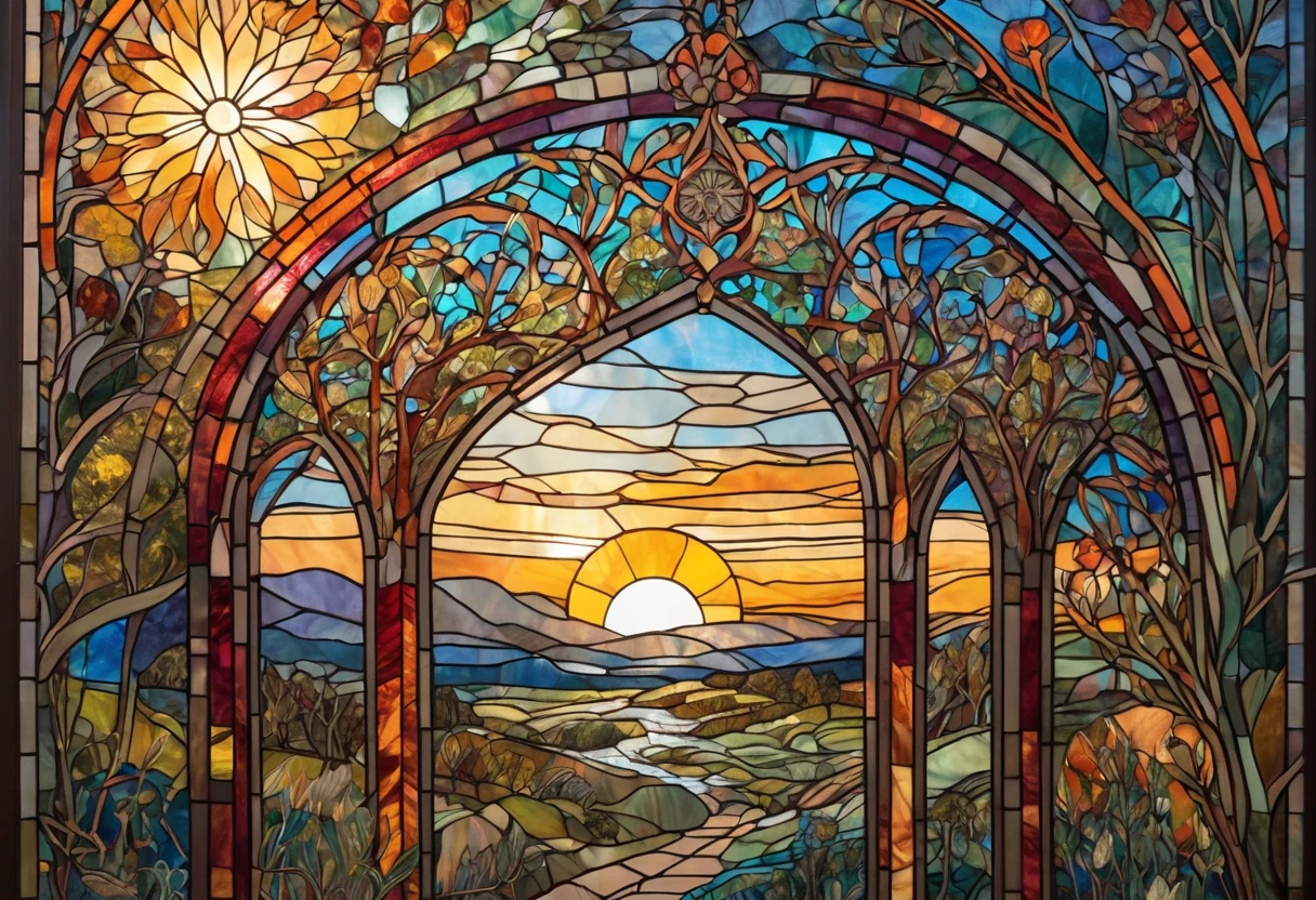 stained glass landscape, vibrant colors, intricate design, lead lines, mosaic style, nature scene, sunlight shining through, cathedral window, Art Nouveau inspired, detailed craftsmanship