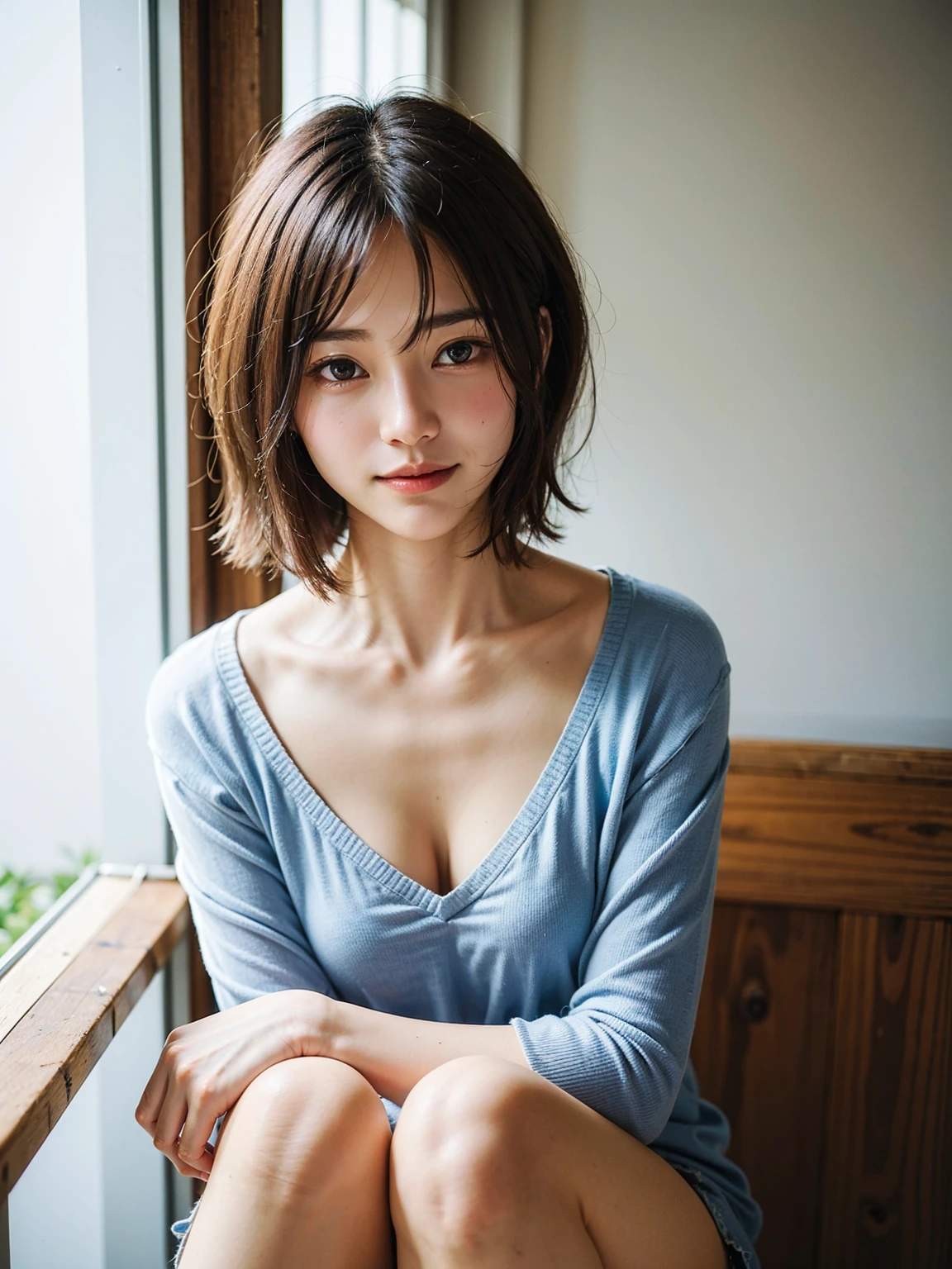 (top-quality,masterpiece:1.3,超A high resolution),(ultra-detailliert,Caustics,in 8K),(Photorealsitic:1.4,RAW shooting),(selfee:1.1),24 year old,kawaii,japanes,natural brown short bob,The best smile,large boob,Khaki Cardigan,White shirt,Bust-up shot,natural soft light