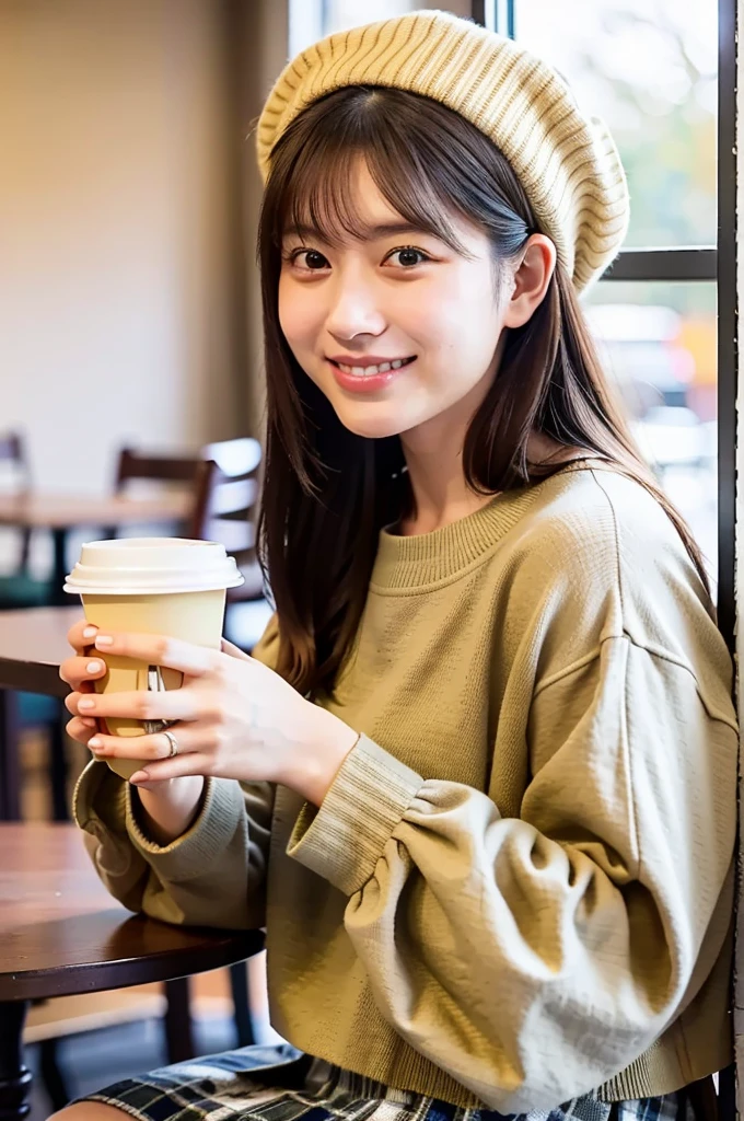 (masterpiece, best quality, perfect anatomy, highres, 8k, realistic, photorealistic, natural skin texture, no makeup:1.2), 1girl, solo, Japanese, age20, very cute, stylish female university student, (large breasts:1.4), winter vibes, sitting at a cozy café table during a cold winter day, holding a steaming coffee cup in both hands, her fingers lightly gripping the cup for warmth, She has medium-length wavy hair, wearing a knitted beret, a beige coat, and a plaid mini skirt, Warm golden sunlight streams through a frosted window, creating a soft glow that highlights her cheerful expression, The background features a blurred coffee shop interior with wooden furniture and small decorations, jp idol, inugao