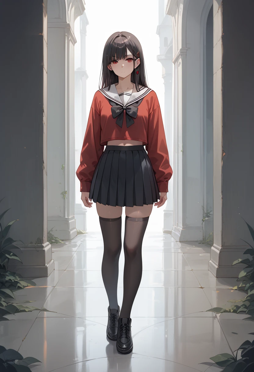 {{red blouse with white sailor collar}},  Long Sleeve , {{ black short pleated skirt }},  big black ribbon on chest ,  girl, full body, Standing in a dark bedroom