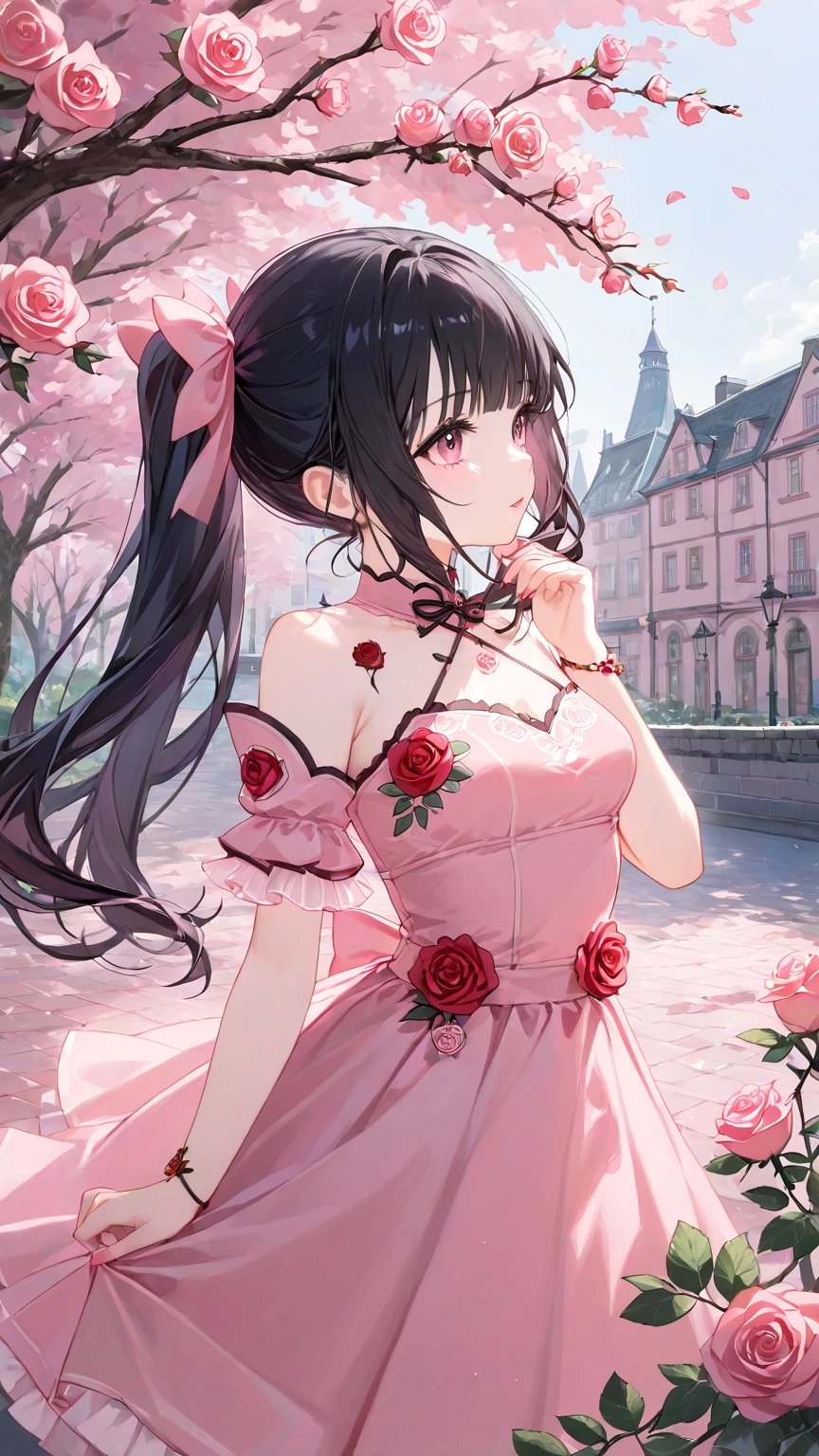 1girl, black hair, pink clothes, beautiful, petite, rose motif, medium breasts, 