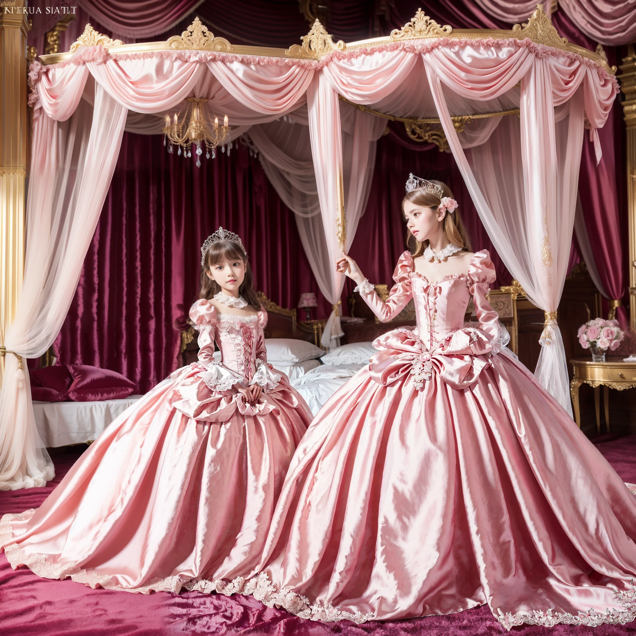 Photo of the cover of the magazine,Lot of Princesses Blonde hot pink Silk Satin Victorian Ball Gown Dress.(( young russian girls:1.0)),baby face,sholeeves,puff sleeves,frilled yoke collar,The dress is decorated with lots of frills and ribbons.,((wave straight Long hair:1.0)),They are wearing princess tiara on the head,in the luxurious European rococo style bedroom,gigant pink canopy kingsize bed behind,Ultra detailed luxurious princess canopy bed bed:1.2, ((in the bedroom)),,Silk satin  frilled pink pillows,Silk satin pink bed sheets,they are lying on the bed,High-quality background,