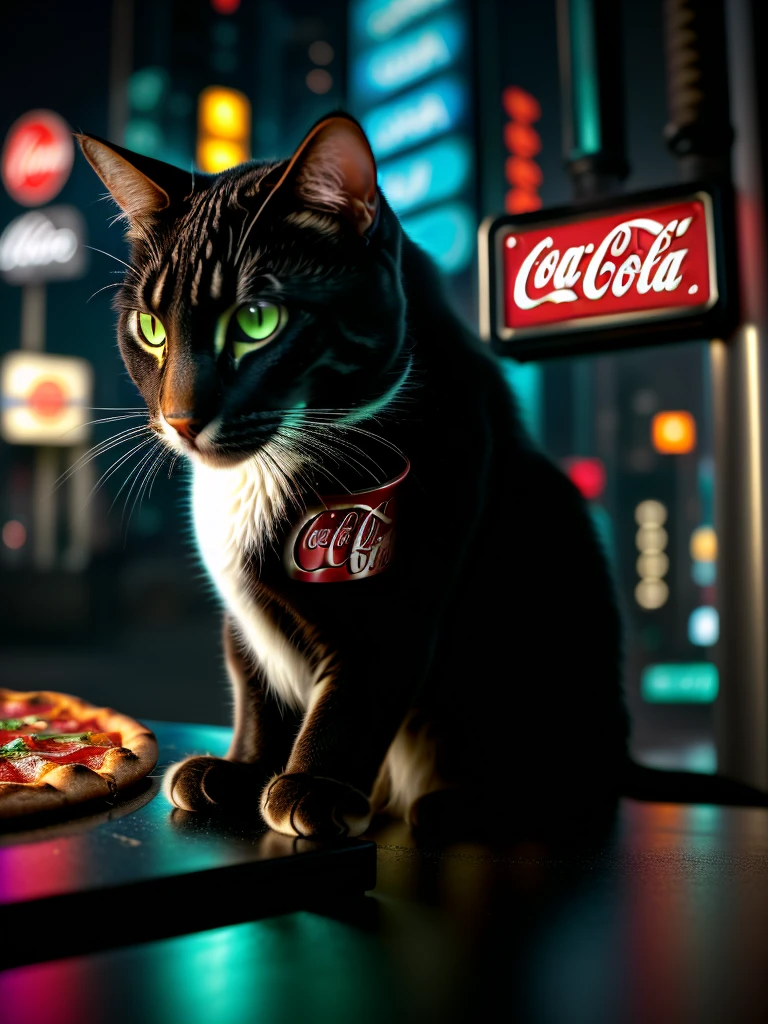 A close-up picture of a cat with Coca-Cola and pizza in the futuristic cyberpunk neon tron world, cyberpunk city landscape, detailed intricate architecture, glowing neon lights, studio lighting, moody atmosphere, cinematic composition, vivid colors, 8k, photorealistic, masterpiece, hyper detailed, intricate details
