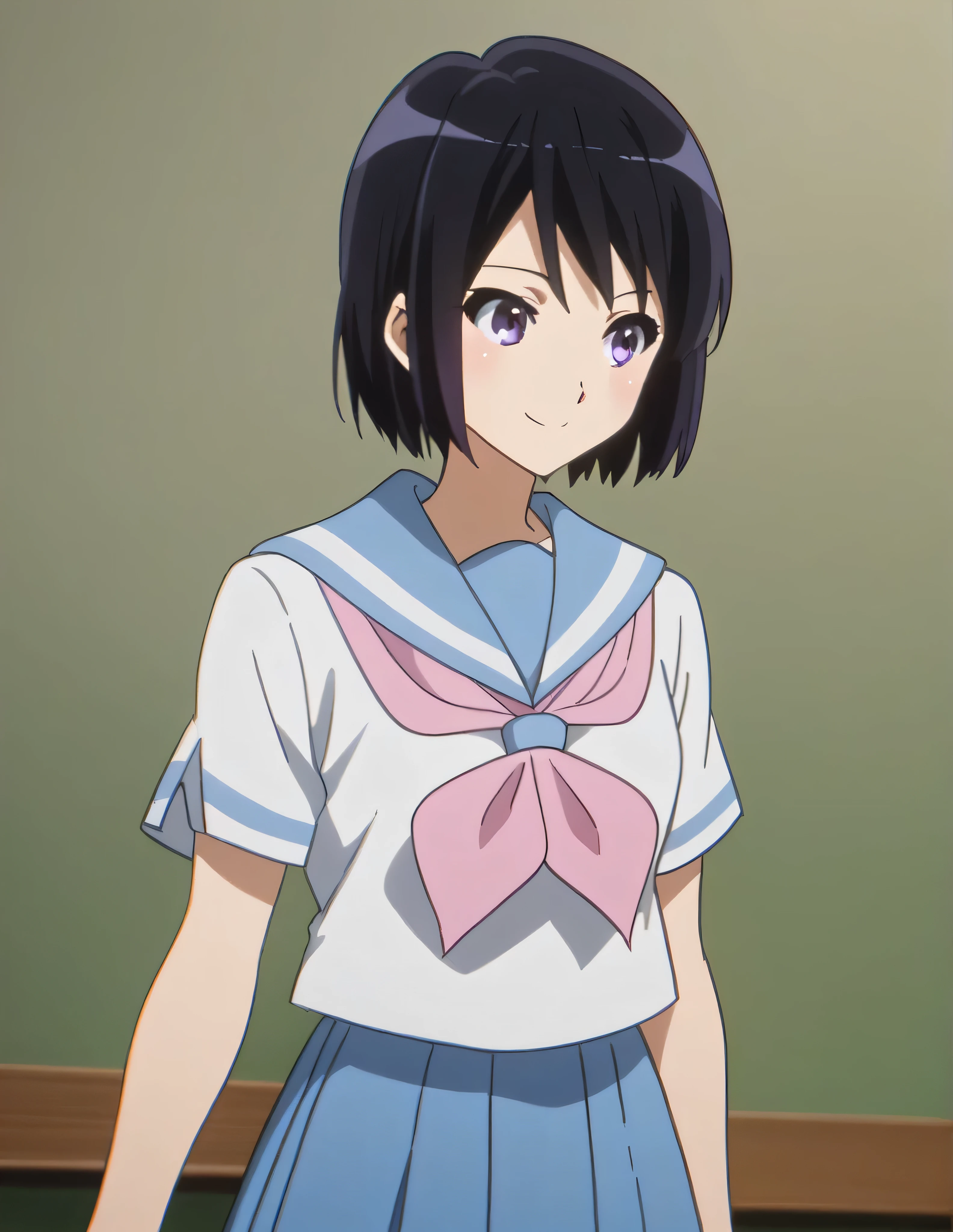 score_9, score_8_up, score_7_up,  source_Anime, Reina Kousaka , Reina Kousaka,  short hair, short hair , bangs,  black hair, purple eyes,  skirt,  shirt,  school uniform, white  shirt, Short sleeve, pleated  skirt, Sera Clothing,  sailor color, blue  skirt,  neckerchief , blue  sailor color,  school bags , pink  neckerchief , kitauji high  school uniform, indoor, classroom,  lean forward , smile,  viewers who stop at the edge,  Cowboy Shots,  Dutch Angle, A little thick,judo player、judo、Inside the judo Gymnasium、On the tatami、discovery、whole body、rest、幼い頃judo家に育てられた.