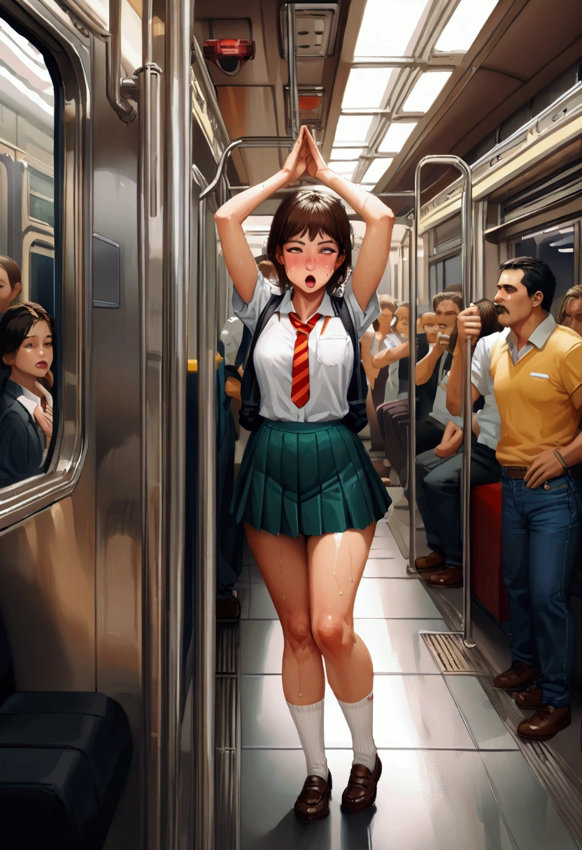 highest quality,High resolution, 8K, cute  girl, Cute ponytail, perfect skin, small breasts, sailor suit, In a crowded train, (low angle:1.4). (small breasts:1.4), (topless:1.3), nipples, (hairy pubes:1.3),