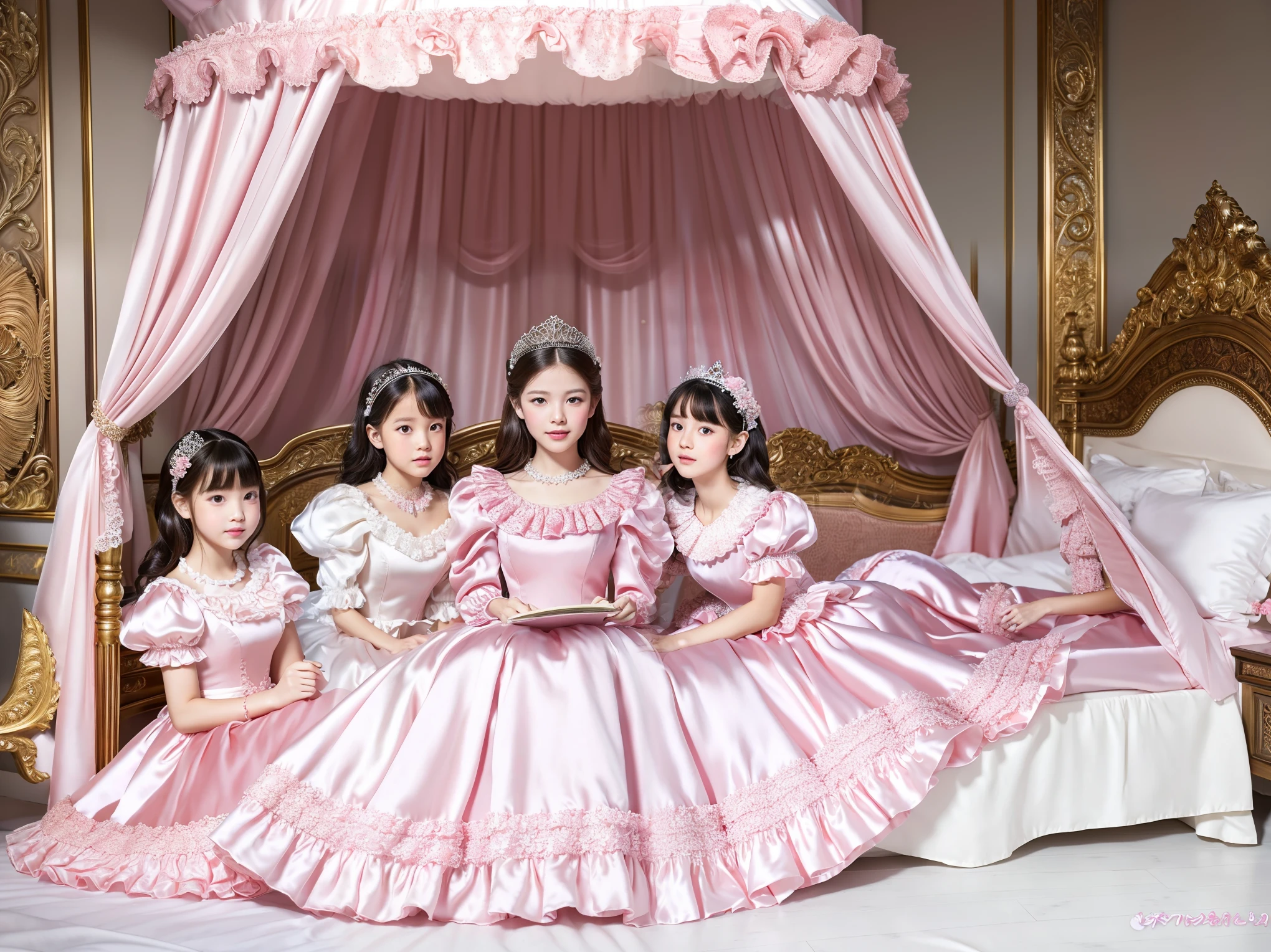 ,highest quality, masterpiece, highest resolution, artwork, super それにget used to it, many get used to it, get used to it, それにget used to it, 3k realistic pictures,,((young short girls)),(()),Ultra-detailed juvenile face,three are princesses,full length ball gown dress with hoop skirt,ruffled yoke collar,puff sleeves,long sleeve,((Lolita style hot pink detailed princess satin dress with lots of ruffles and ribbons)),Rococo style lolita fashion,shiny satin dress,Soft and smooth fabric,luxury,long blonde hair,blue eyes,white skin european,Pajama,((in the bedroom)),Ultra detailed luxury princess canopy bed,Silk satin  frilled pink pillows,Silk satin pink bed sheets,they are lying on the bed,High-quality background,