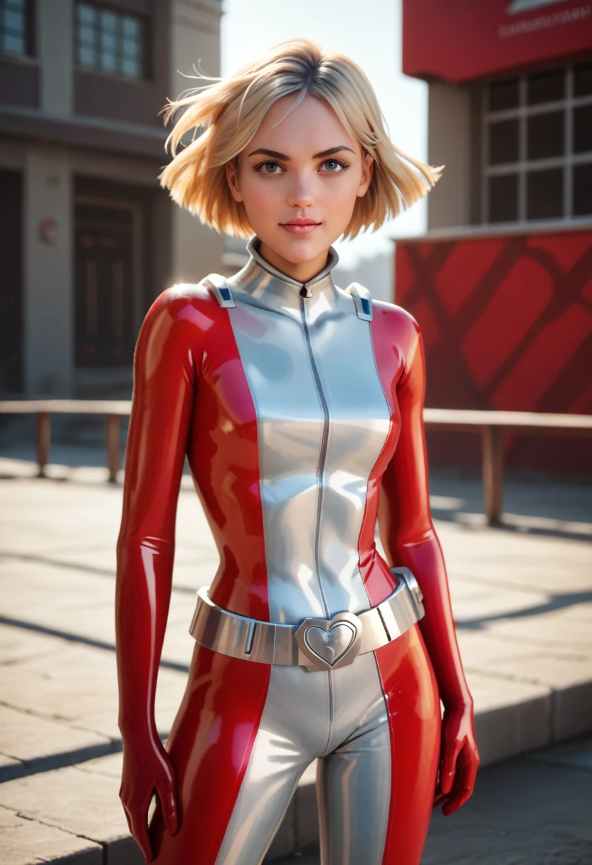 score_9, score_8_up, score_7_up, score_6_up, score_5_up, score_4_up, tsclover, short hair, blonde hair, red latex bodysuit ,sexy pose, beautiful girl, looking at viewer,silver belt, cowboy shot