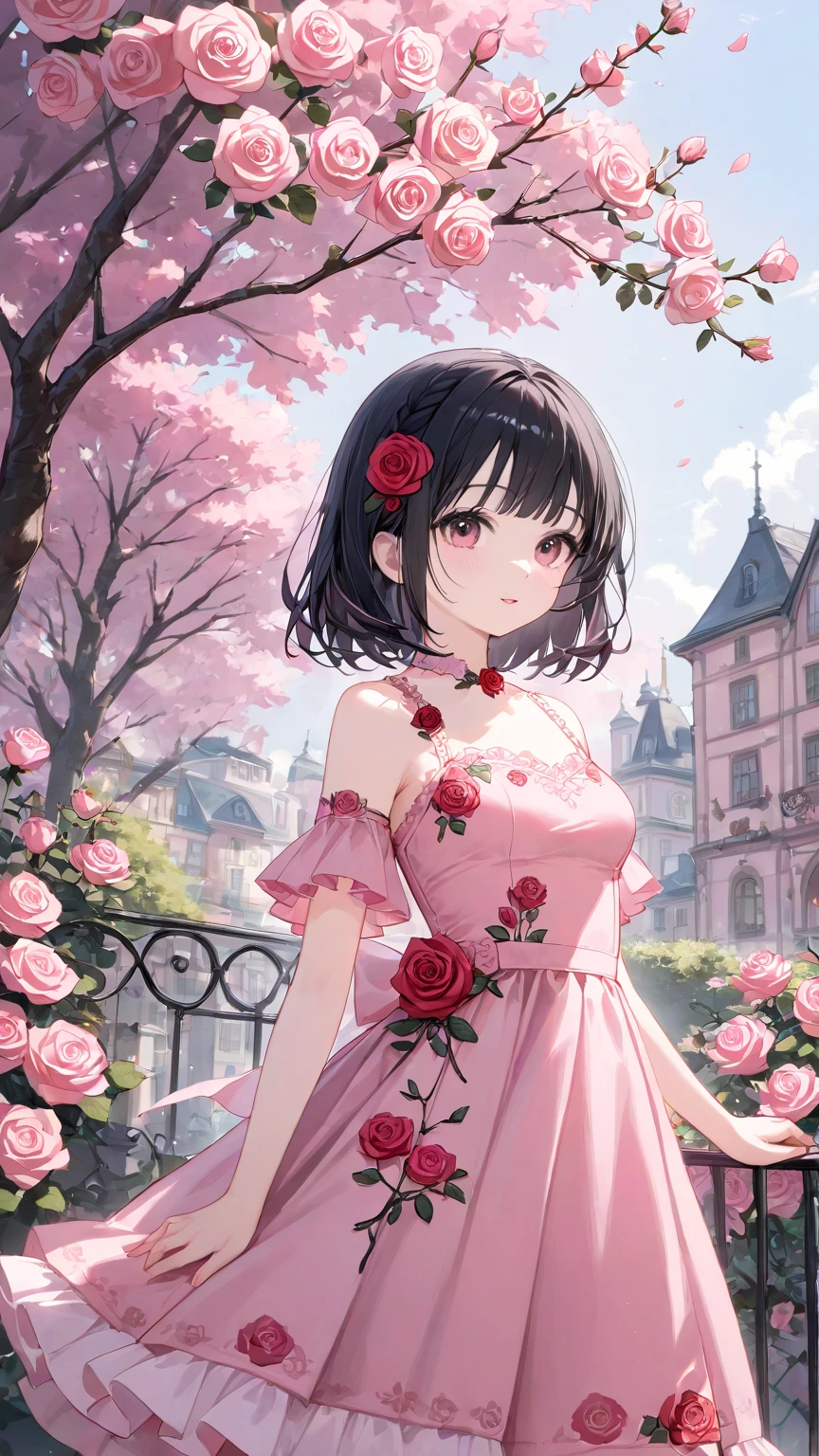 1girl, black hair, pink clothes, beautiful, petite, rose motif, medium breasts, 