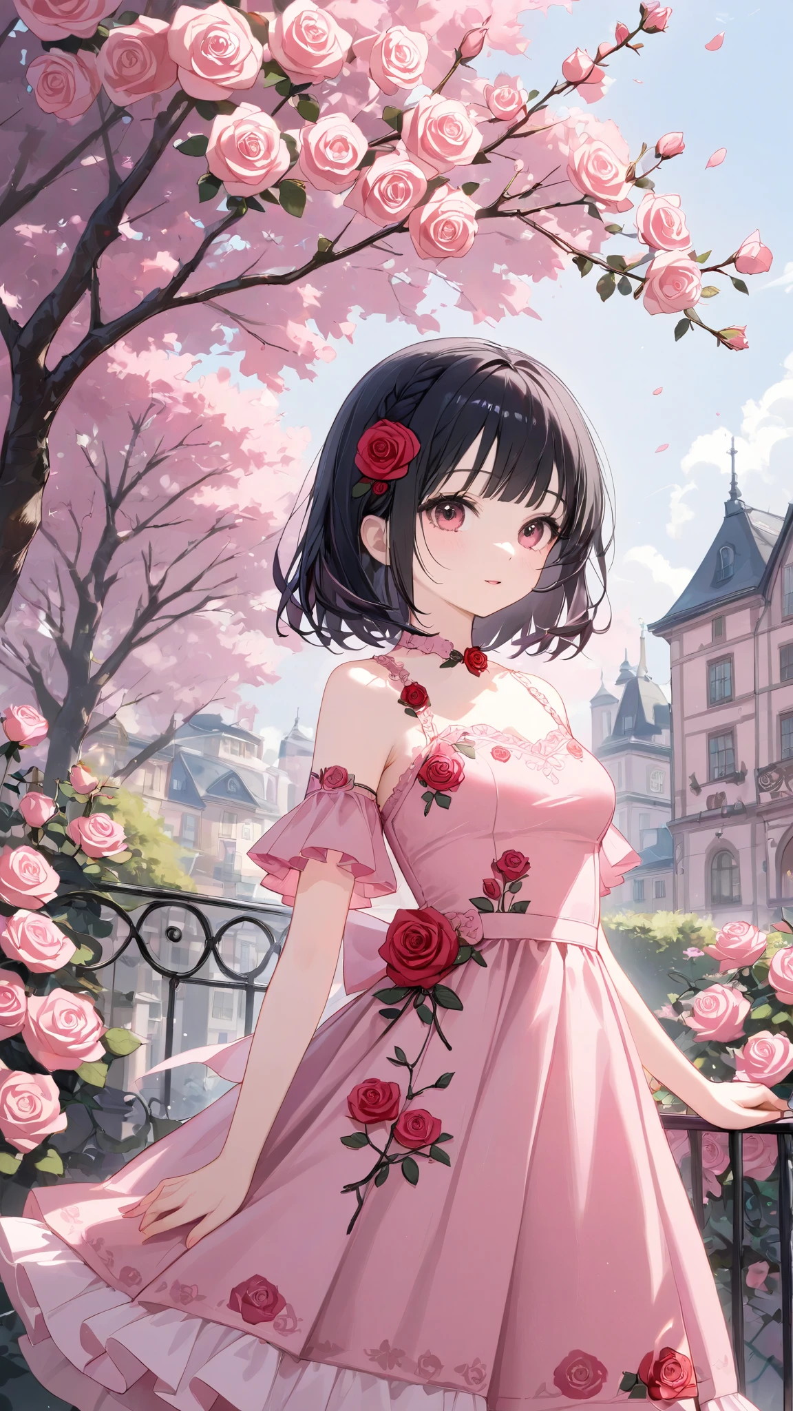 1girl, black hair, pink clothes, beautiful, petite, rose motif, medium breasts, 