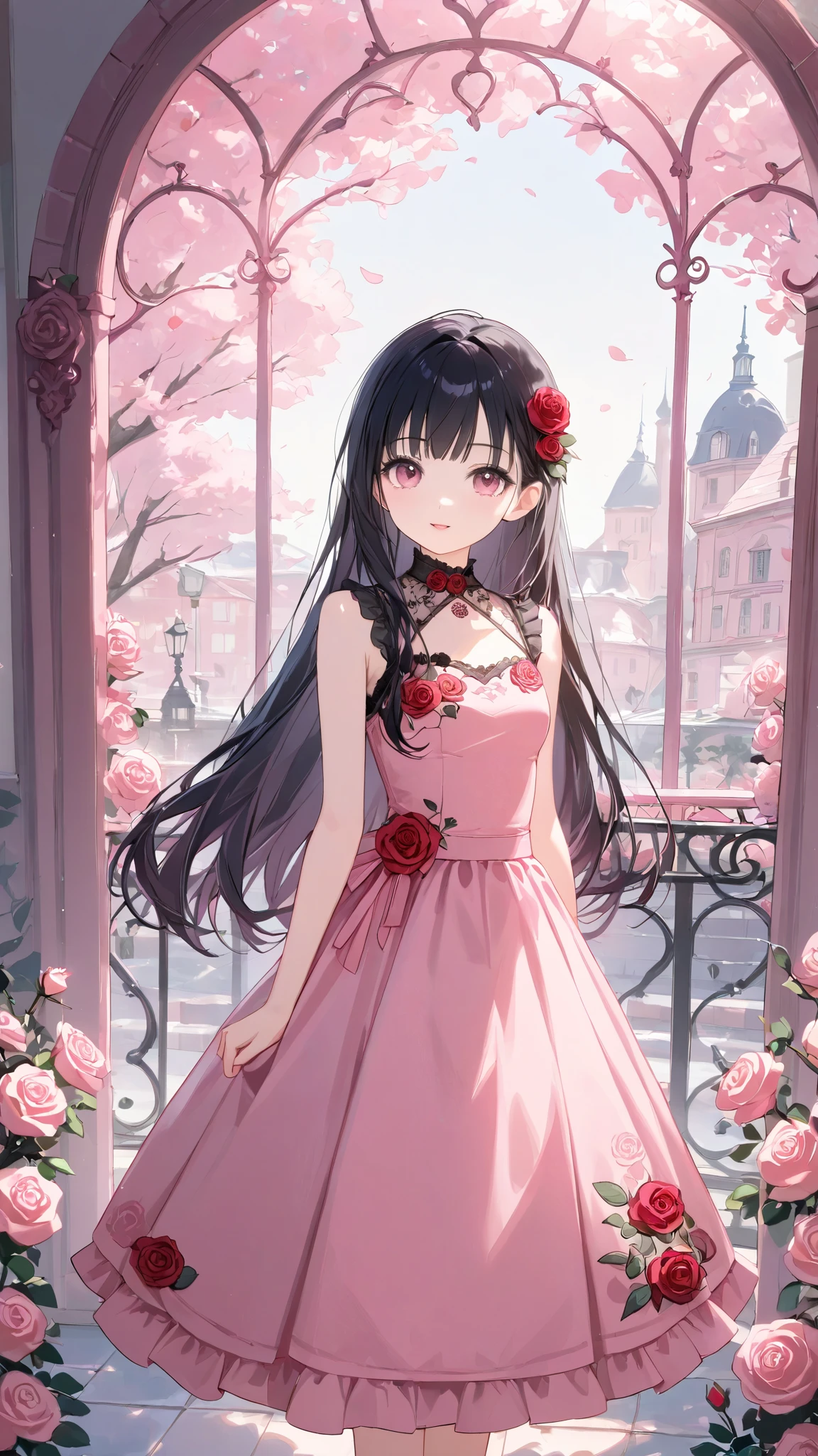 1girl, black hair, pink clothes, beautiful, petite, rose motif, medium breasts, 