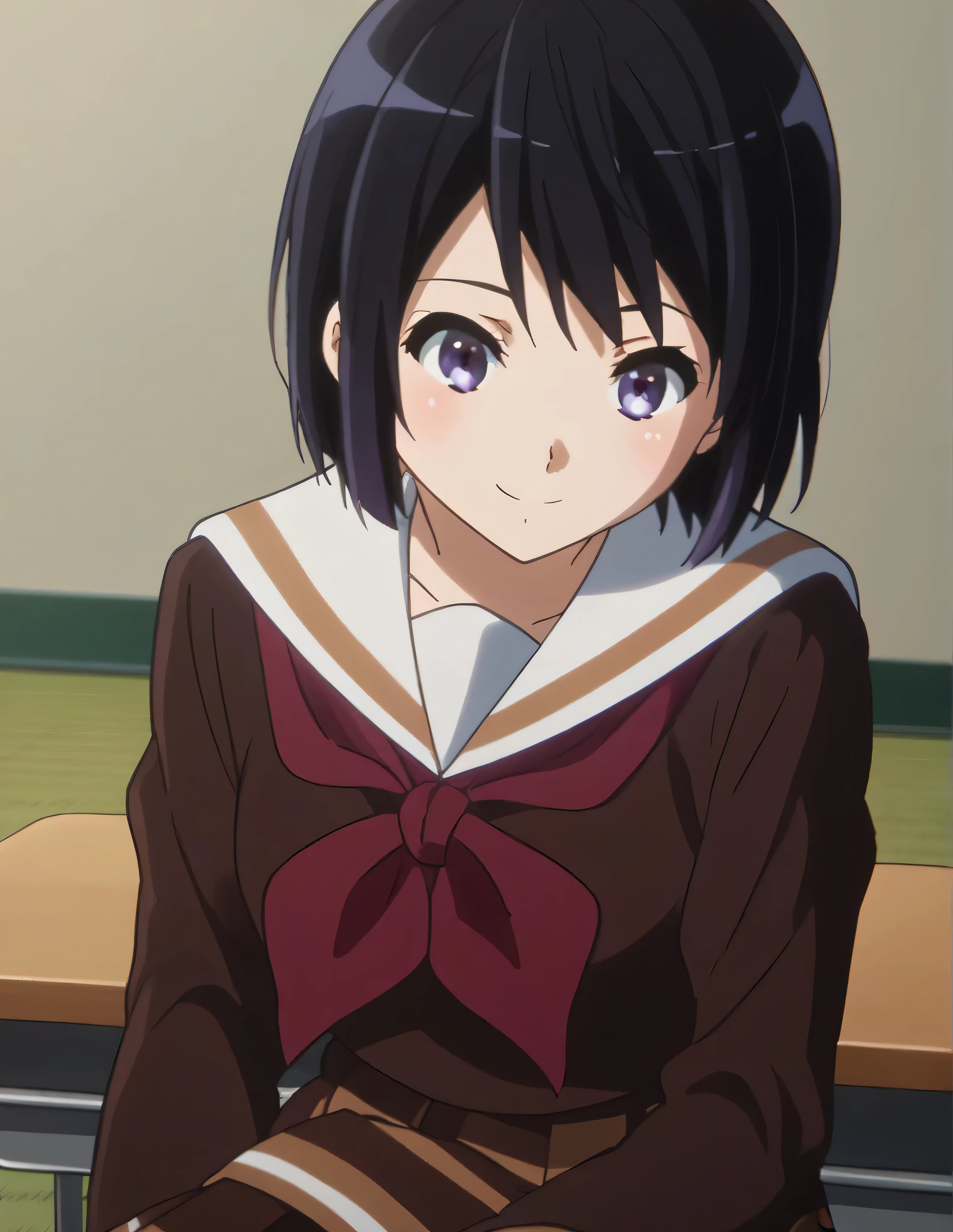 score_9, score_8_up, score_7_up,  source_Anime, Reina Kousaka , Reina Kousaka,  short hair , bangs,  black hair, purple eyes,  short hair,  skirt,  shirt,  Long Sleeve ,  school uniform, pleated  skirt, Sera Clothing,  neckerchief , brown  skirt, White sailor collar, brown  shirt, kitauji high  school uniform, red  neckerchief , indoor, classroom,  lean forward , smile,  viewers who stop at the edge,  cowboy shot leading to the climax,  Dutch angle , A little thick,judo player、judo、Inside the judo Gymnasium、On the tatami、discovery、whole body、rest、幼い頃judo家に育てられた.