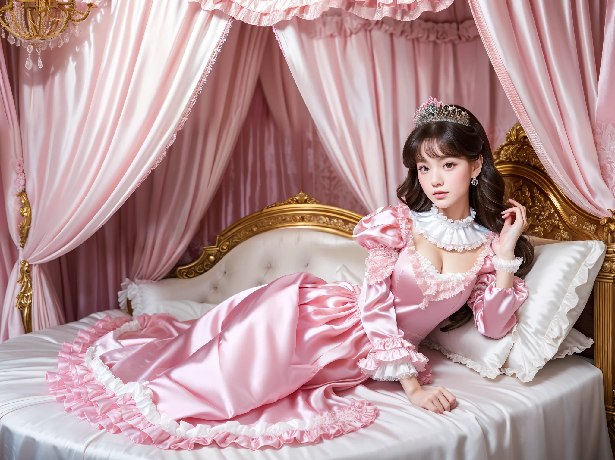 ,highest quality, masterpiece, highest resolution, artwork, super それにget used to it, many get used to it, get used to it, それにget used to it, 3k realistic pictures,,((young russian short girls)),(()),Ultra-detailed juvenile face,three are princesses,full length ball gown dress with hoop skirt,ruffled yoke collar,puff sleeves,long sleeve,((Lolita style hot pink detailed princess satin dress with lots of ruffles and ribbons)),Rococo style lolita fashion,shiny satin dress,Soft and smooth fabric,luxury,long blonde hair,blue eyes,white skin european,Pajama,((in the bedroom)),Ultra detailed luxury princess canopy bed,Silk satin frilled pink pillows,Silk satin pink bed sheets,they are lying on the bed,High-quality background,