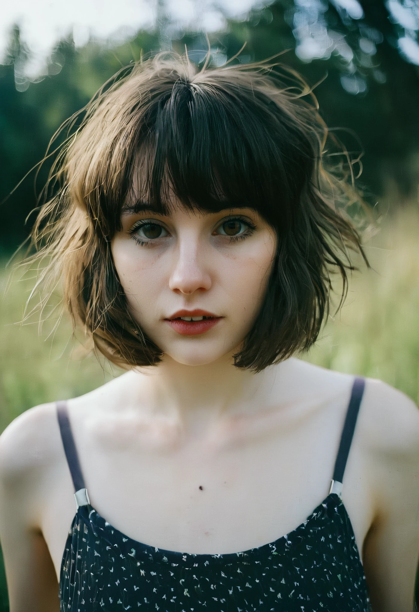 a melancholy photography, lomography, natural lighting,Ultra-Wide Angle, Fujifilm, Negative Space,cinematic photo 24 year old girl, with a slender, petite physique, pale skin, dark brown hair messy wavy bob with bangs. Almond shaped eyes, big, wide and spaced apart, short with a slim frame, thin, skinny physique, broad shoulders, wearing nothing, naked holding a glass of beer, 