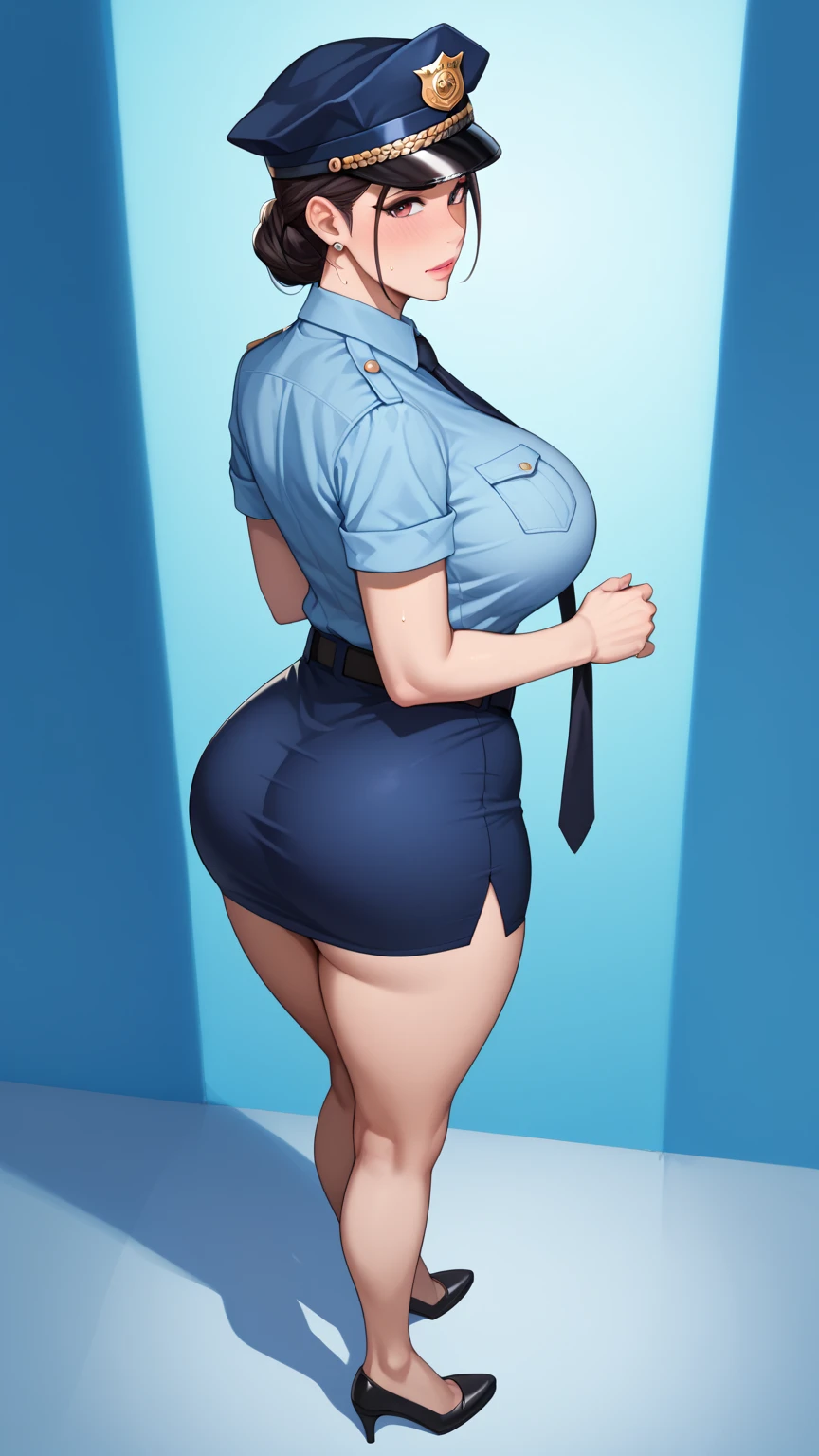 One beautiful mature woman, alone, Gorgeous face, (blush)、((Wearing a police uniform)), Grin、Red lips, eye shadow, eyeliner, ((Open legs)), With an ass like that, Huge breasts, Thighs Thighs, please sit down、Pink Bob Hair, lingerie, (masterpiece, highest quality, 8k, Realistic)